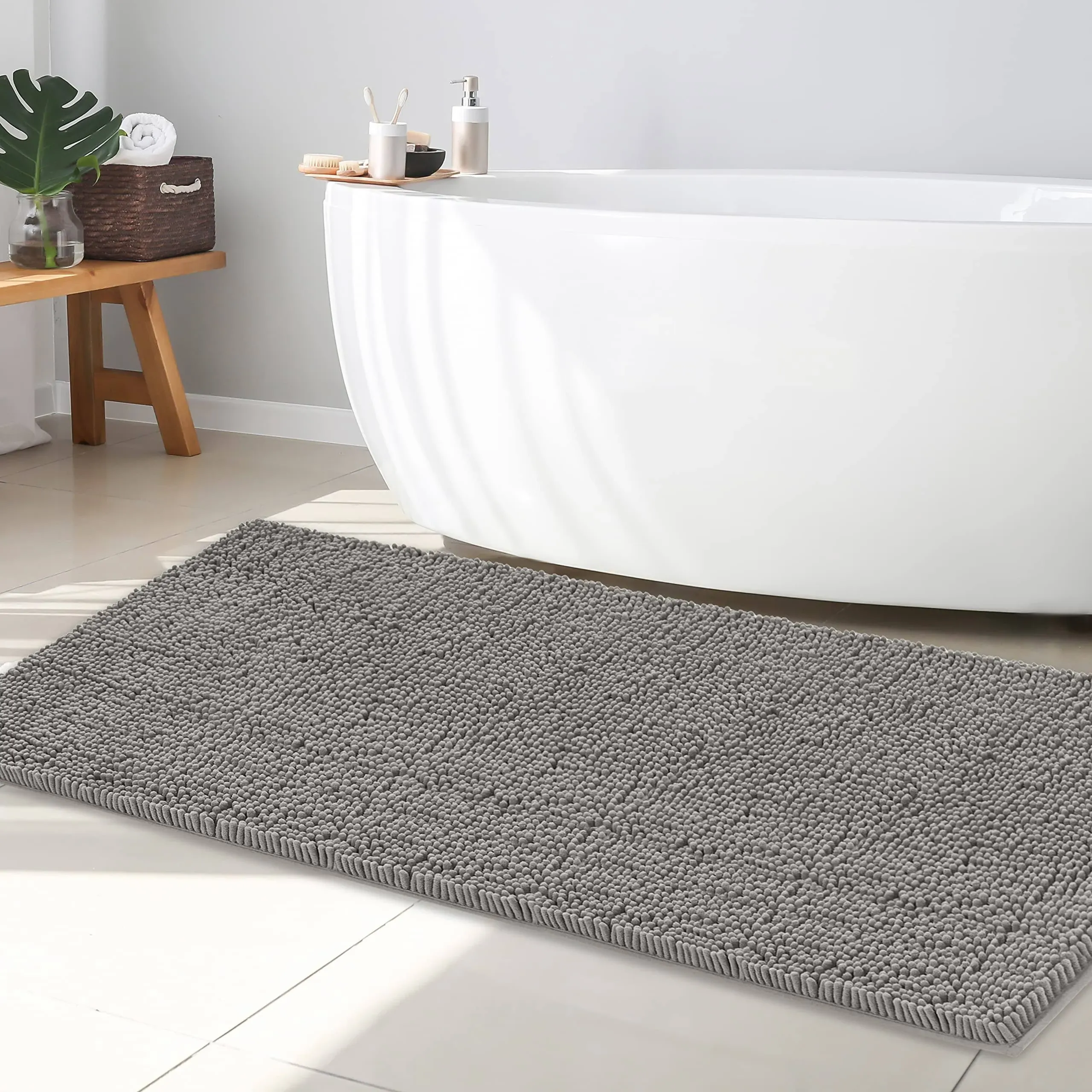 MAYSHINE Plush Shaggy Chenille Bath Mat | Extra Soft, Super Absorbent, Non-Slip Bathroom Rug | Fluffy Microfiber, Area Rug Sets for Bathroom Floor, Kitchen, Living Room | 71"x31" | Grey