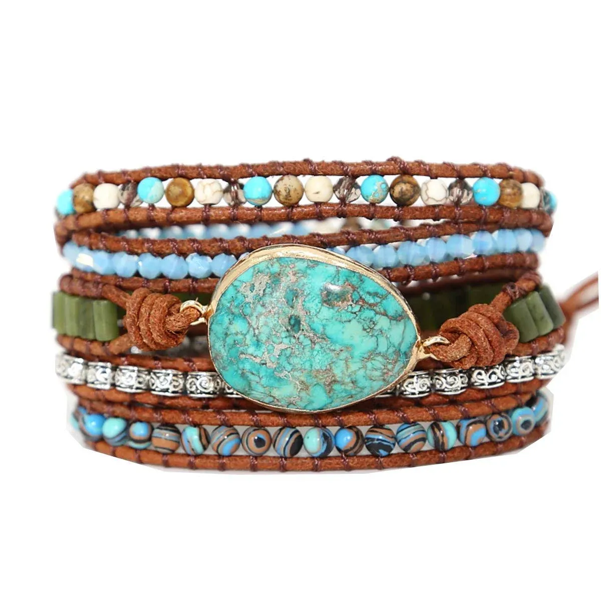 Starto 5 Wrap Bracelet Handmade Natural Stone Jasper Druzy Leather Boho Bracelets ...