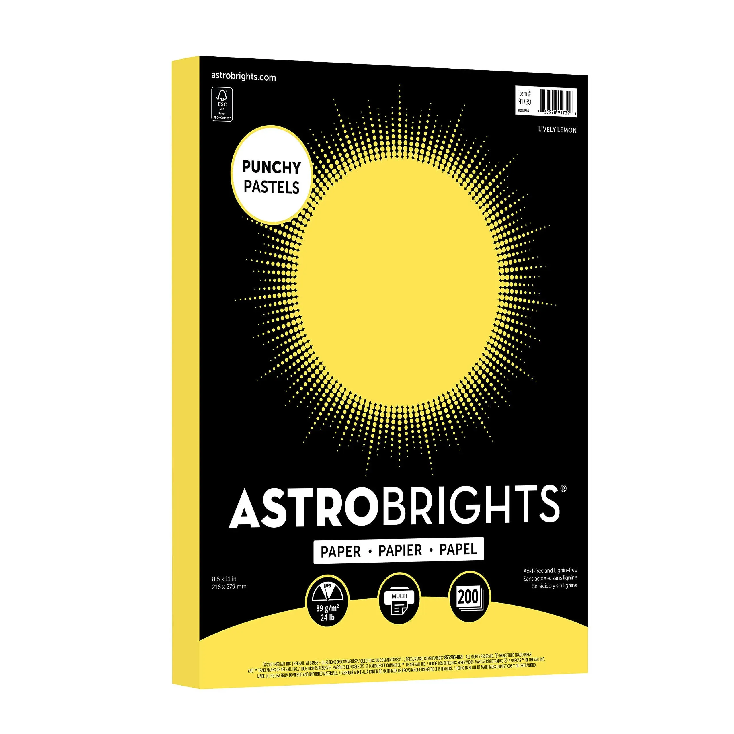 Astrobrights Punchy Pastel Paper, 8.5" x 11", 24 lb., Lively Lemon, 200 Sheets (91739)