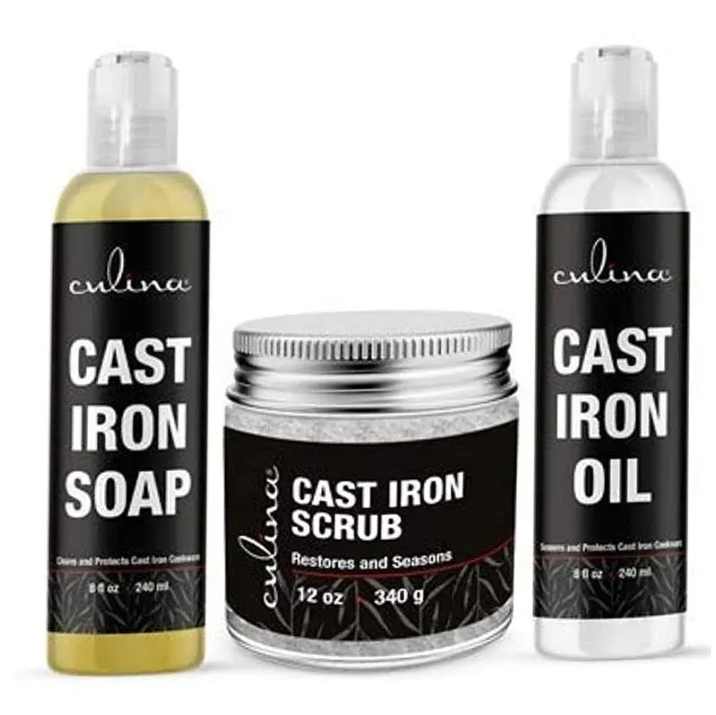 Culina Supreme Cast Iron Care Set: Restoring Scrub, Cleaning Soap & Conditioning Oil | Best for Cleaning Care, Washing & Restoring | 100% Plant-Based | for Cast Iron Cookware, Skillets, Pans & Grills!