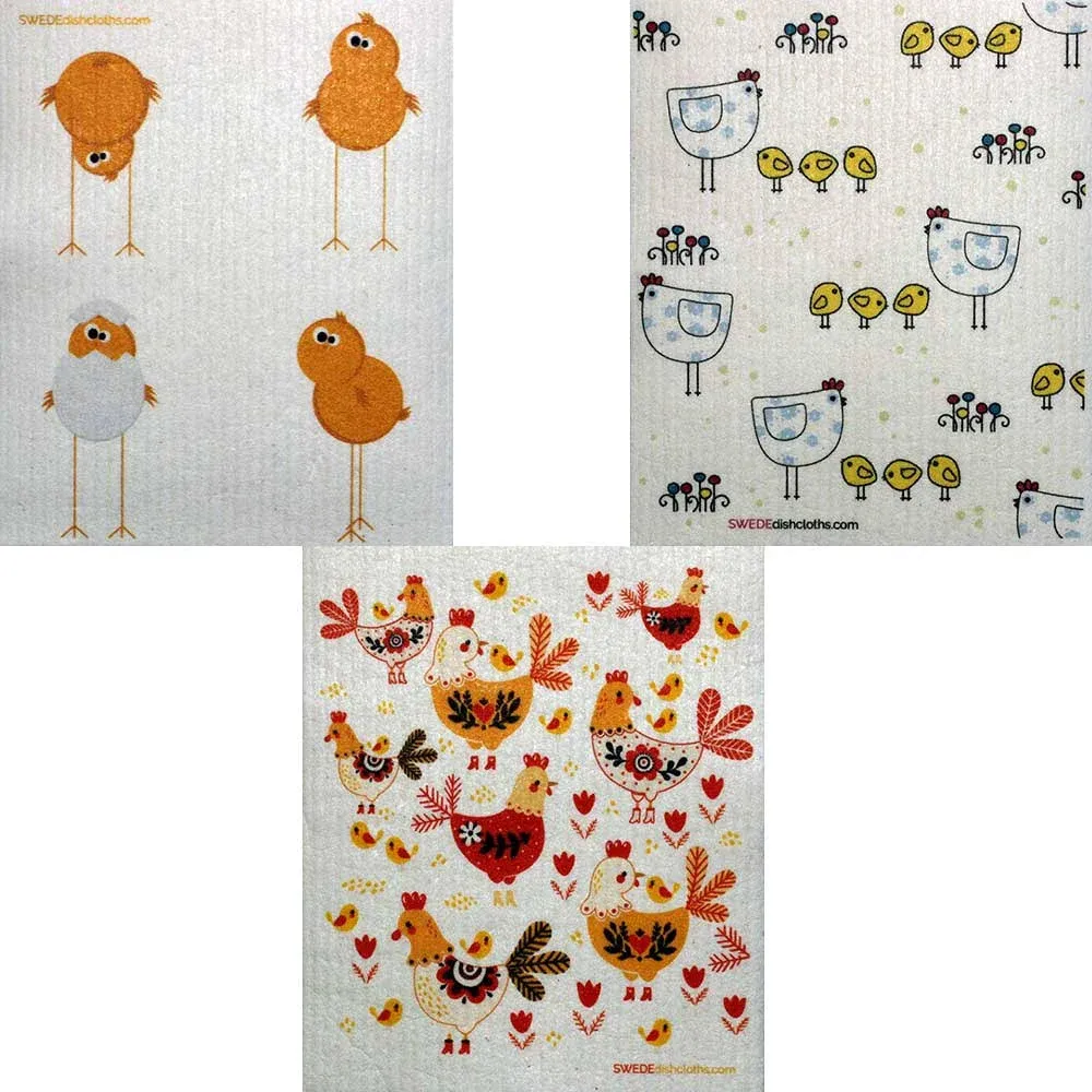 Swedish Dishcloths Mixed Chickens Set of 3 (one of Each Design) | ECO Friendly Sponge Cloth | Paper Towel Replacement