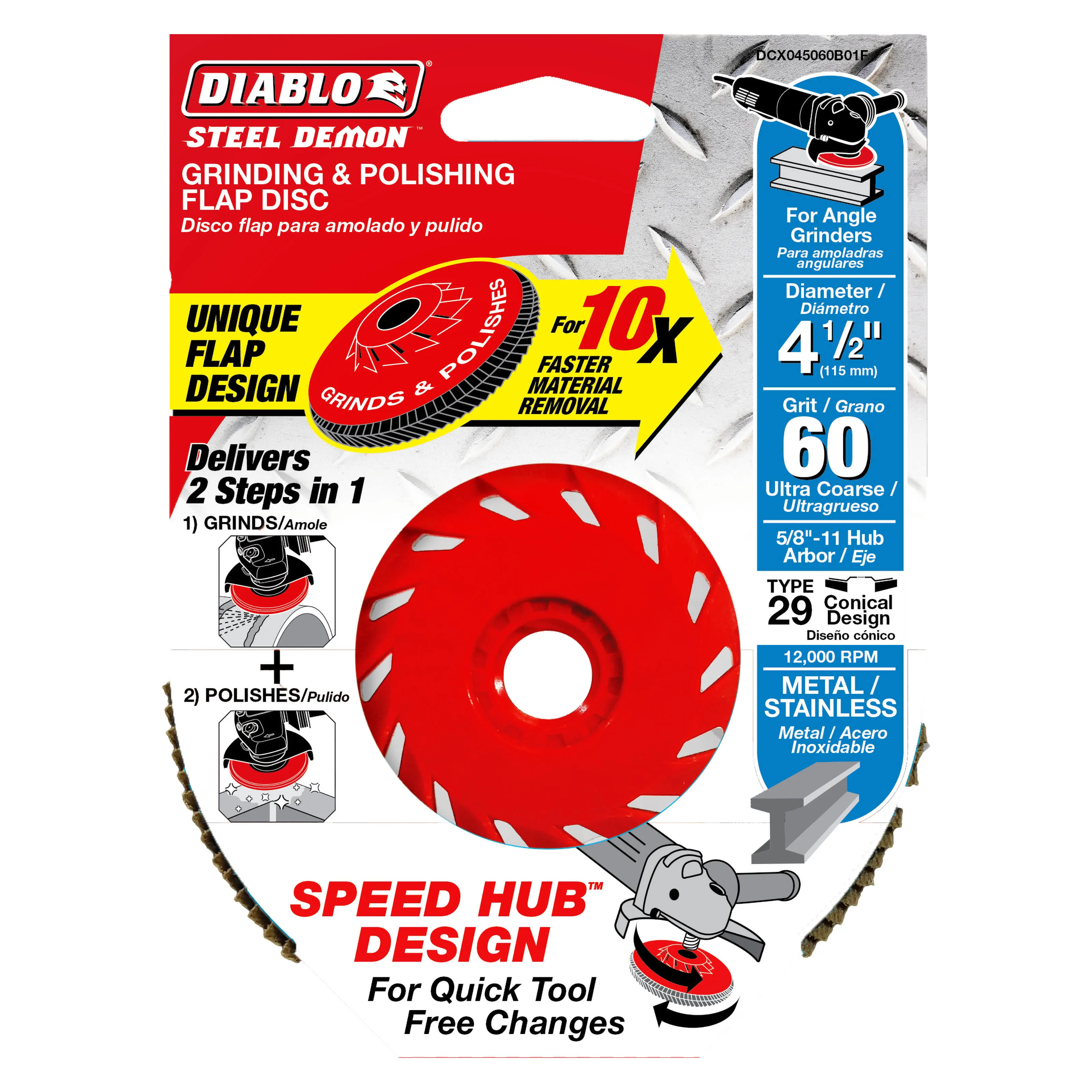 Diablo Speed Demon Flap Disc, 4 1/2in., 60 Grit Conical, Speed Hub, Model#