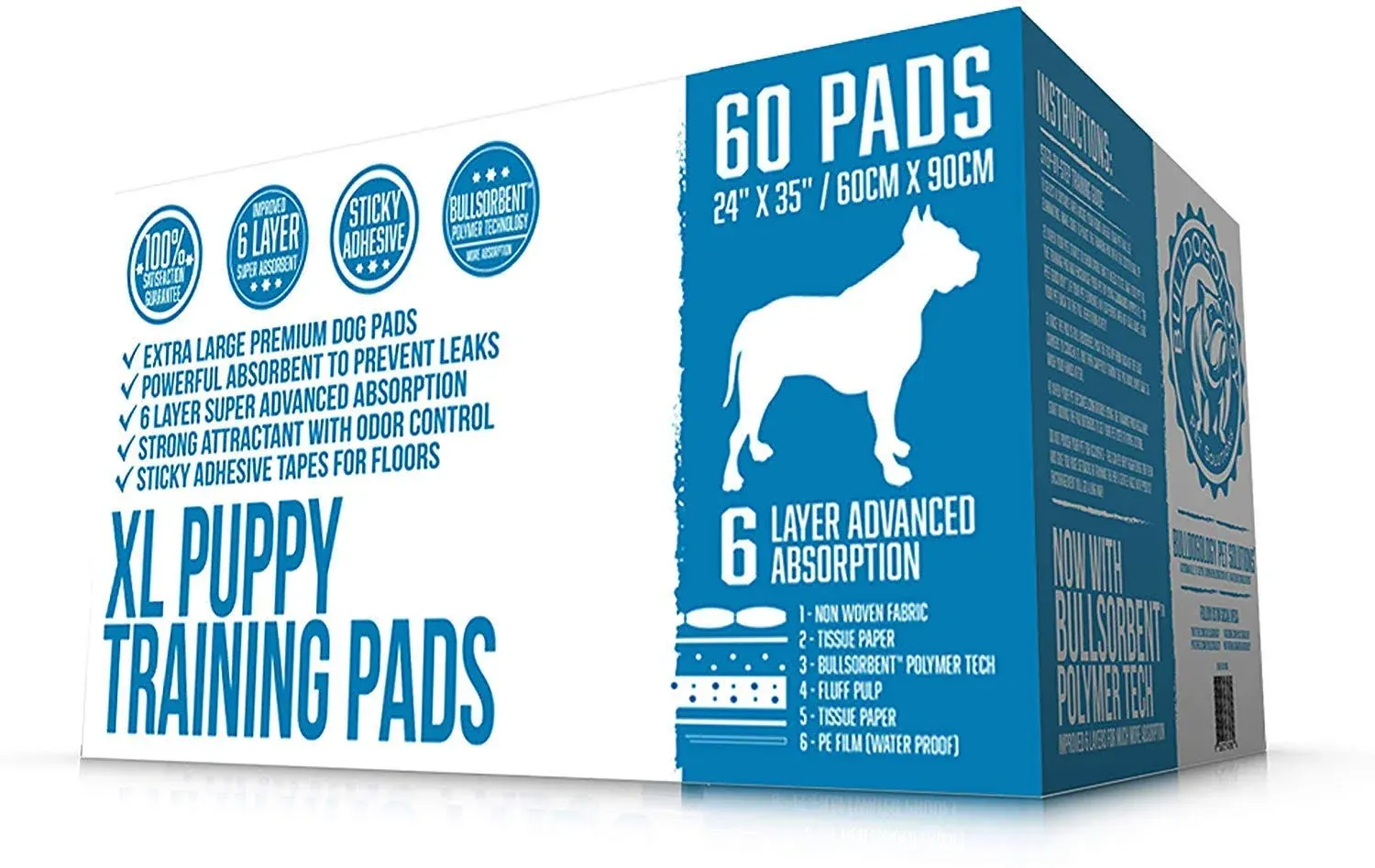 Bulldogology Puppy Pee Pads XL with Adhesive Sticky Tape - Extra Large Dog Training Wee Pads (24x35) 6 Layers with Extra Quick Dry Bullsorbent Polymer Tech (60-Count, White)