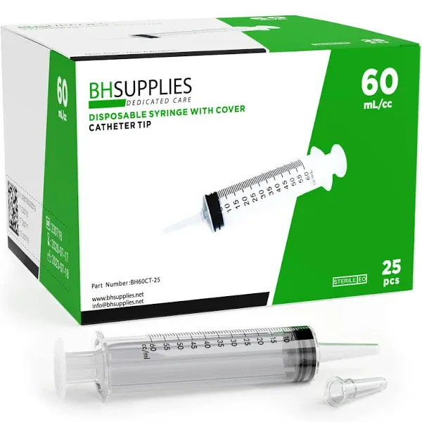 BH Supplies 60m L Syringe Catheter Tip Sterile with Caps (no Needle) Sterile, Individually Wrapped 25 Syringes