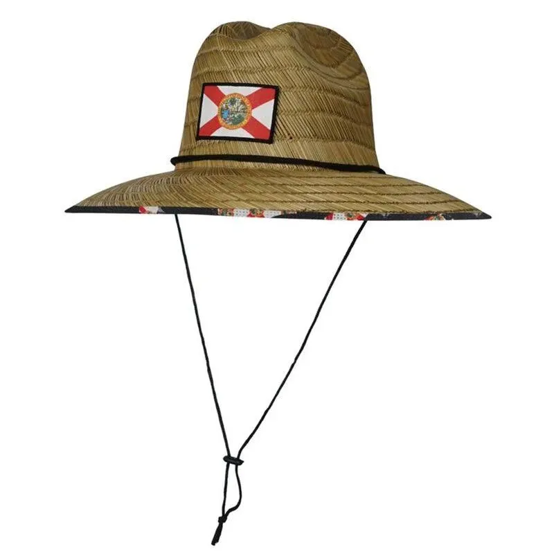 Hook and Tackle Mens Lifeguard Florida Flag Straw Hat - Beige - Large