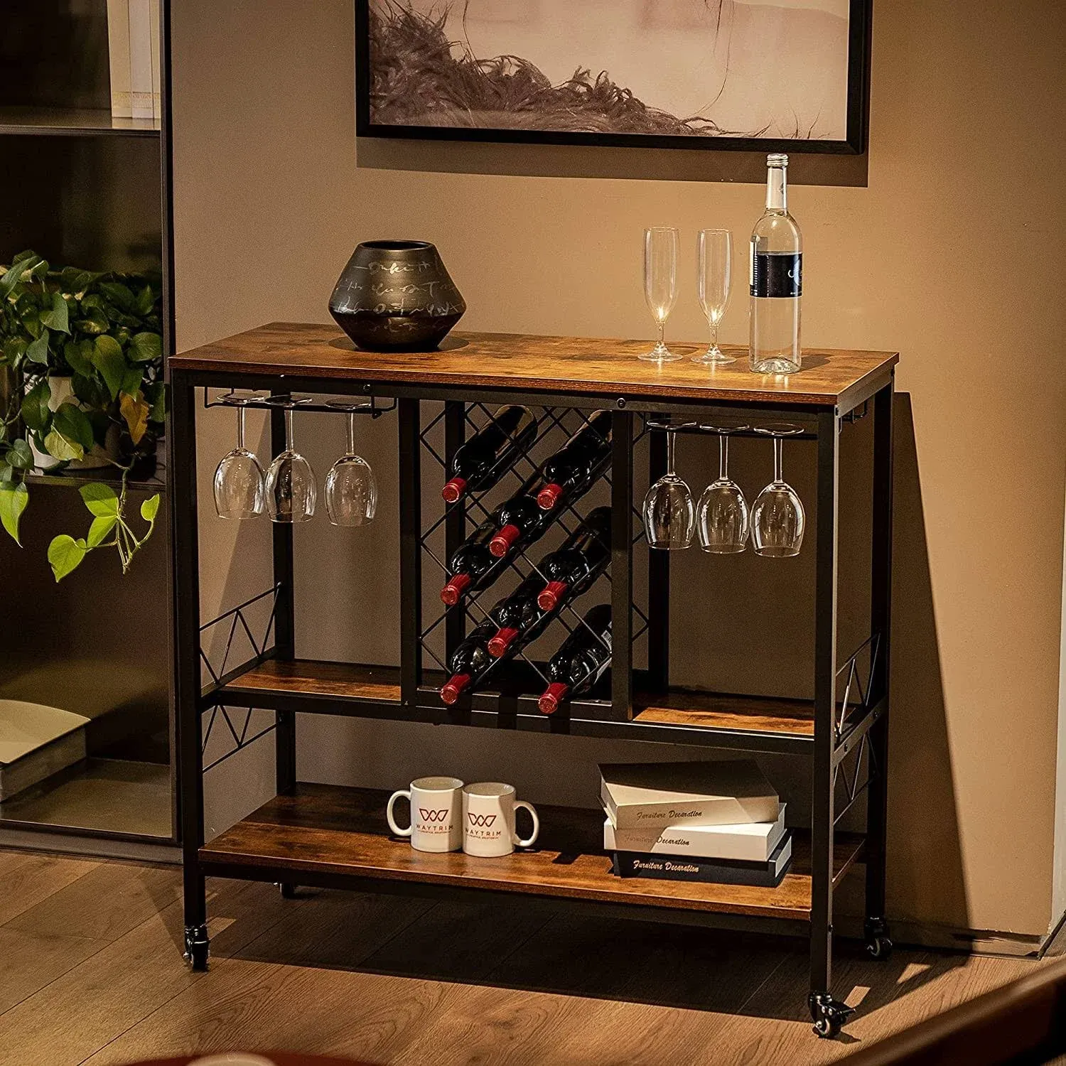 WAYTRIM Wine Rack Table with Glass Holder, Vintage Industrial Wine Bar Cabinet with Storage, Wine Storage Organizer Display Stand - Brown