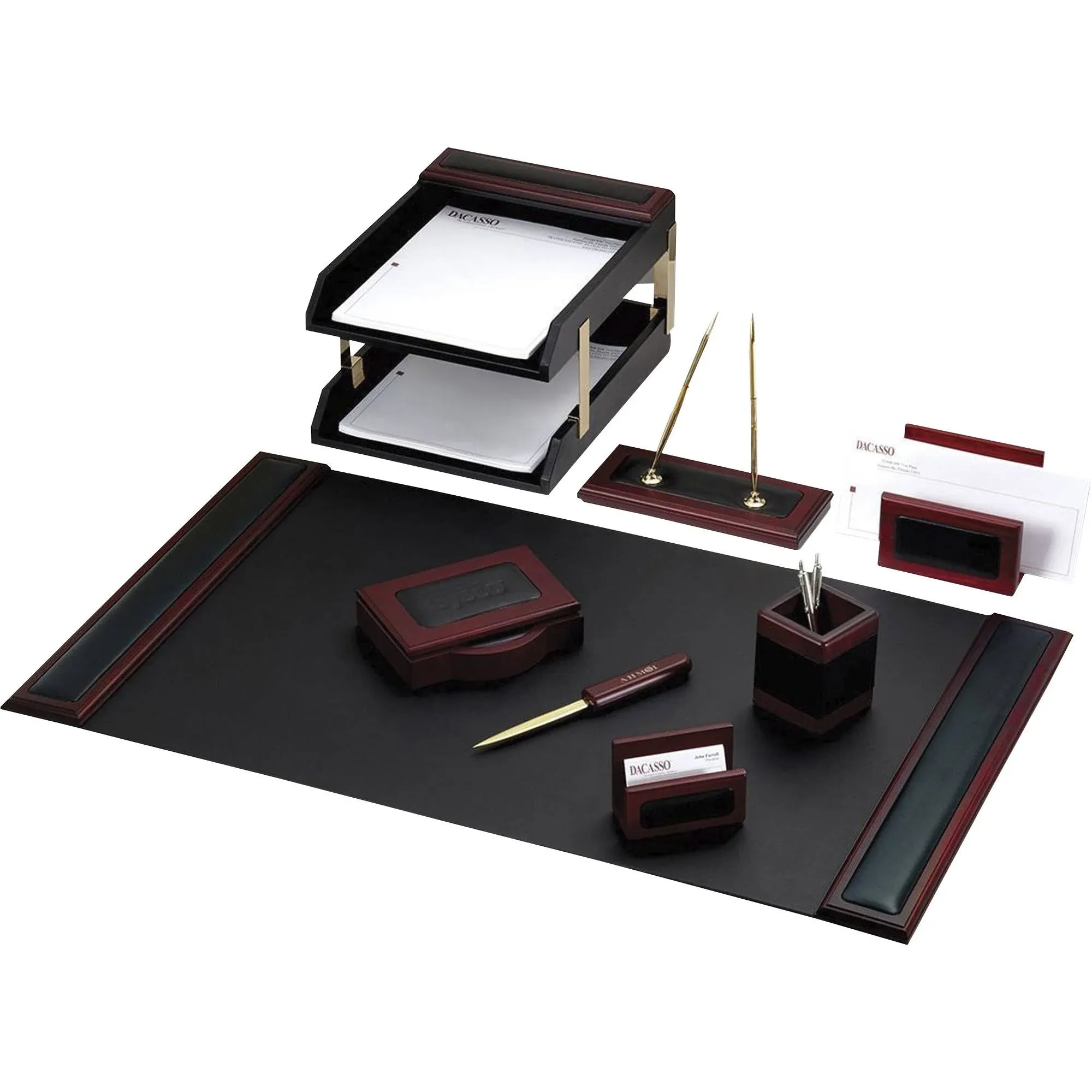 Dacasso D8020 Rosewood & Leather 10-Piece Desk Set, Size: 34x20