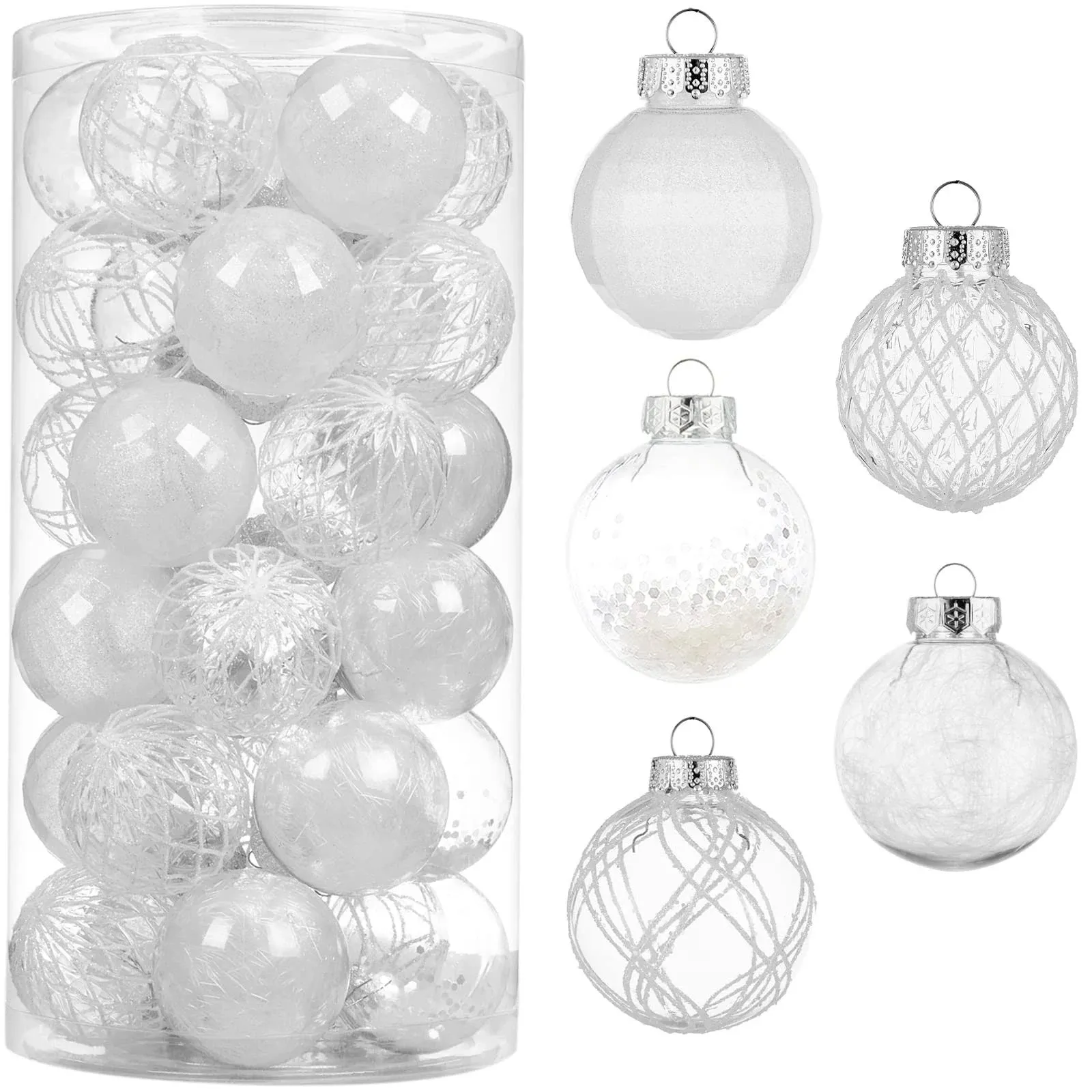 30ct Christmas Ball Ornaments-60mm/2.36" Shatterproof Clear Plastic Xmas Balls Baubles Set with Stuffed Delicate Sparkling, Hanging Christmas Tree Decorations (White)