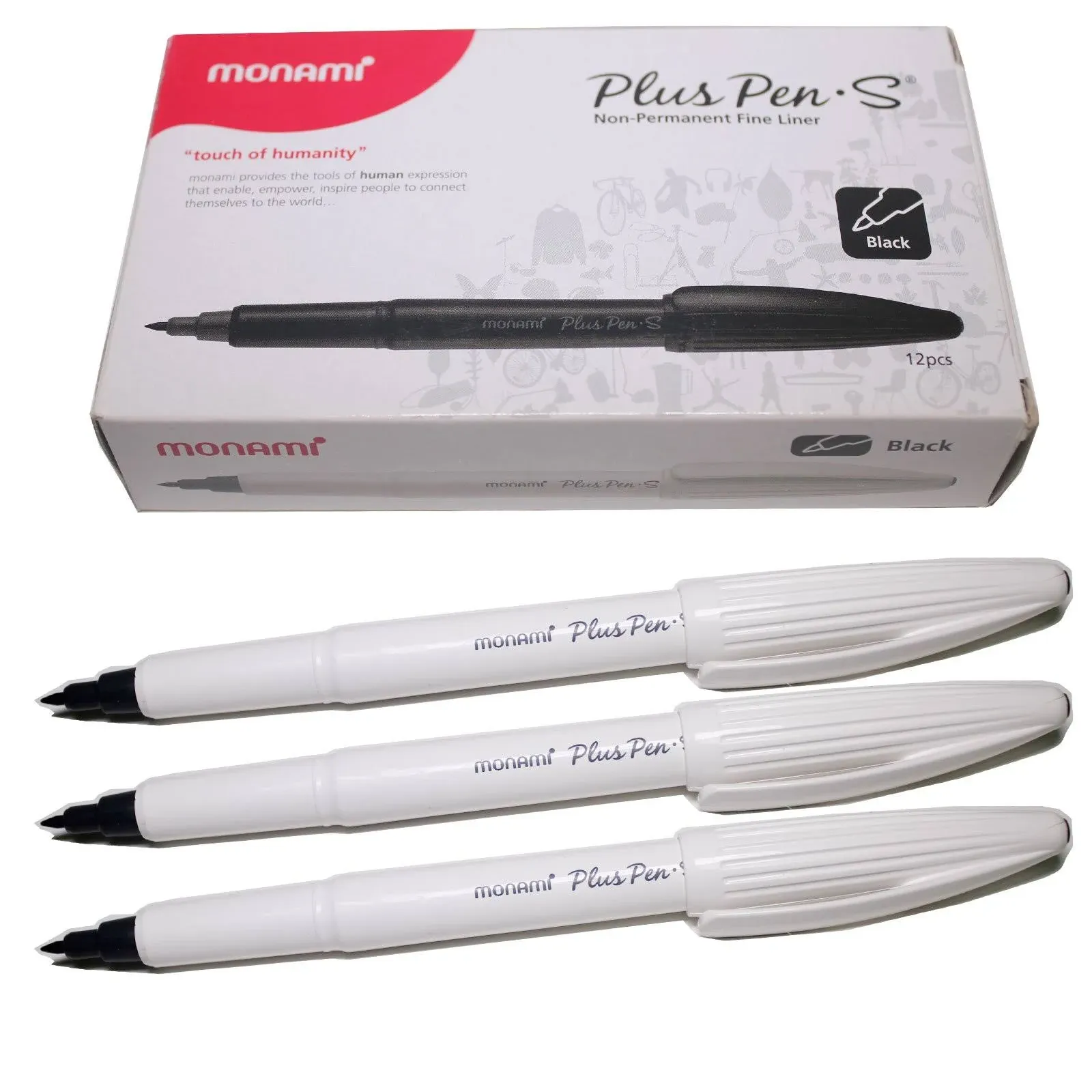 Monami Plus Pen S Water-Based Felt Tip, Fine Liner Pen - White Body - Black ...