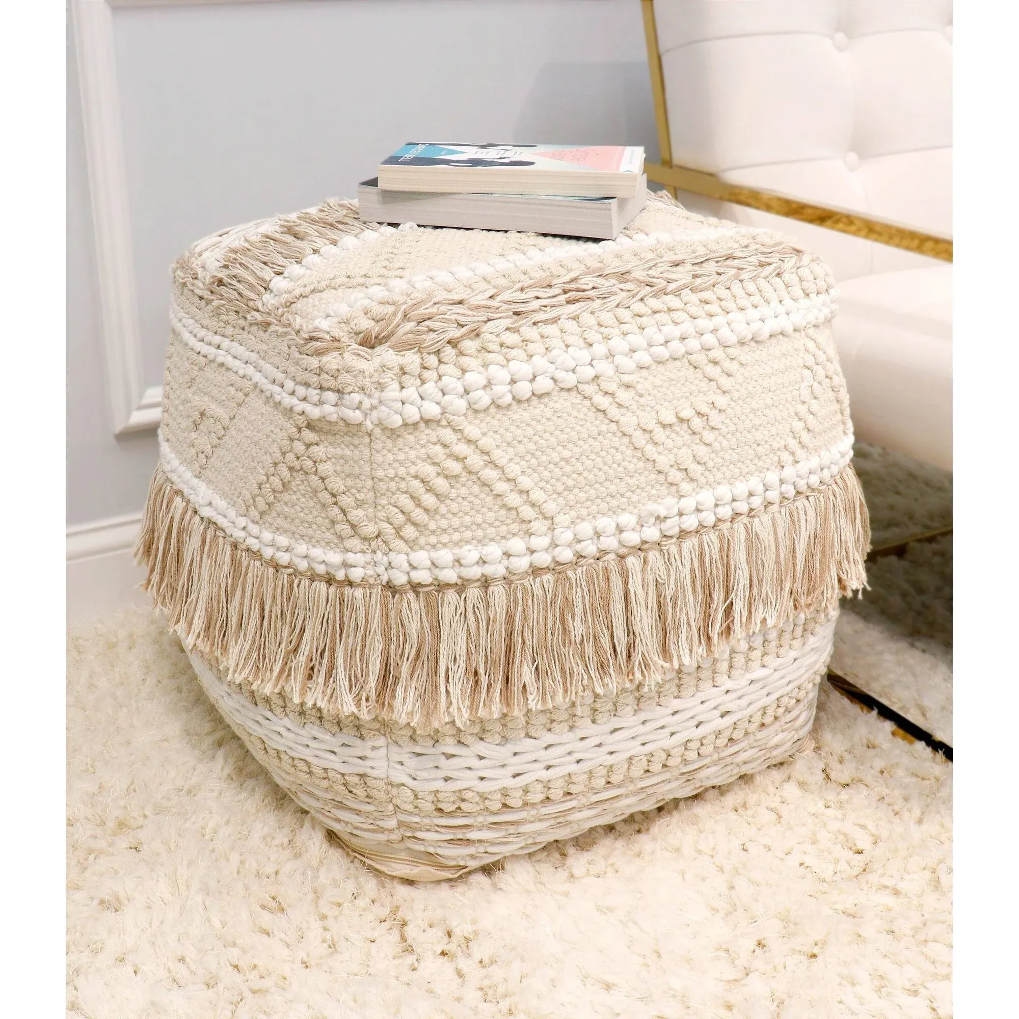 Canvello Home Grandcanyon Beige Cotton Pouf with Tassel