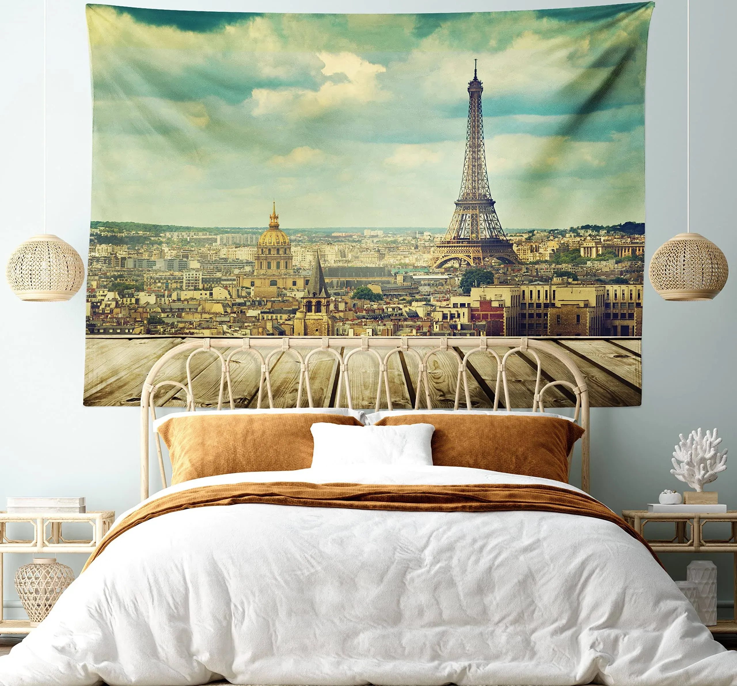 Ambesonne Eiffel Tower Tapestry, Paris Cityscape France Scene View from A Wooden ...