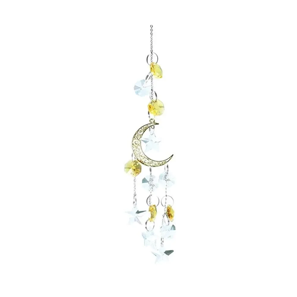 Crystal Chandelier Wind Chime, Moon Satr Hanging Crystal Ornament Suncatcher for Patio Garden Home Decoration (Gold)