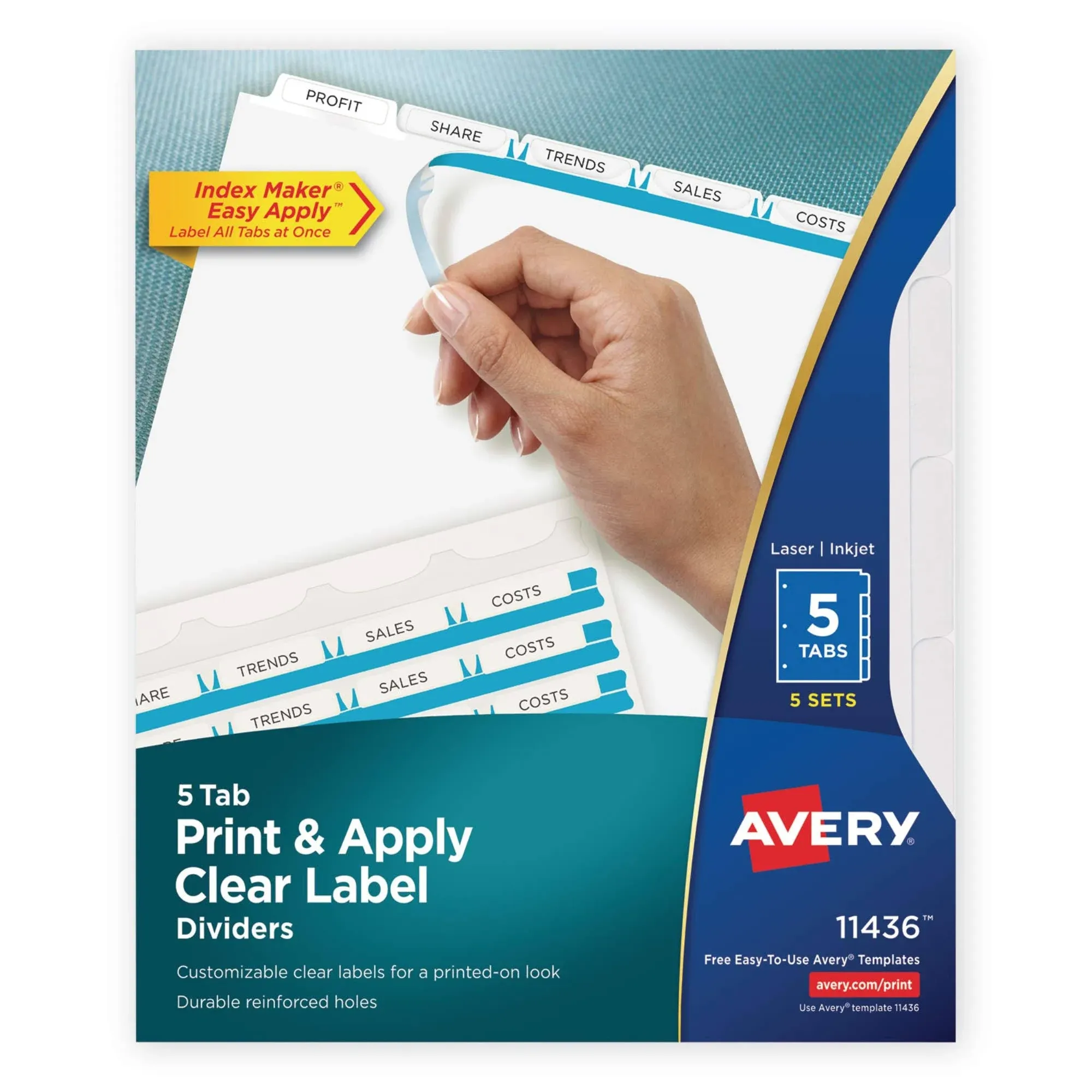 Print &amp; Apply Clear Label Dividers w/White Tabs, 5-Tab, Letter, 5 Sets