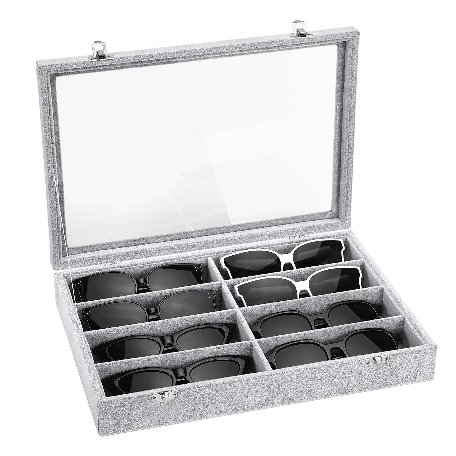 Emibele Glasses Organizer Jewelry Tray 8 Grids with Clear Lid Velvet Tray Watch Storage Stackable Jewelry Showcase Display Storage with Detachable