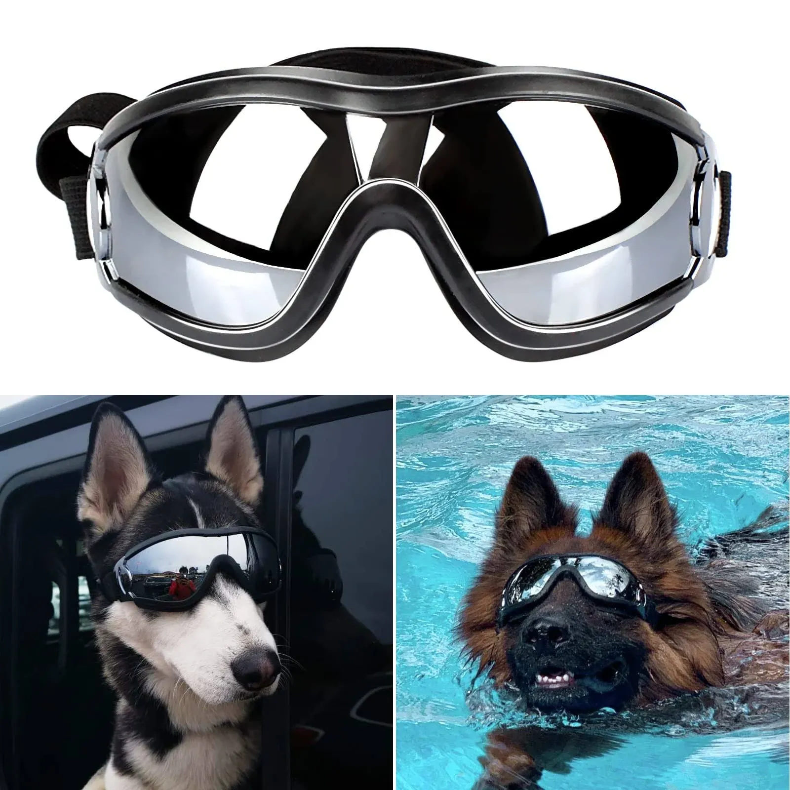 PEDOMUS Dog Sunglasses Dog Goggles Adjustable Strap for Travel Skiing and Anti-Fog Dog Snow Goggles Pet Goggles for Medium to Large Dog Black