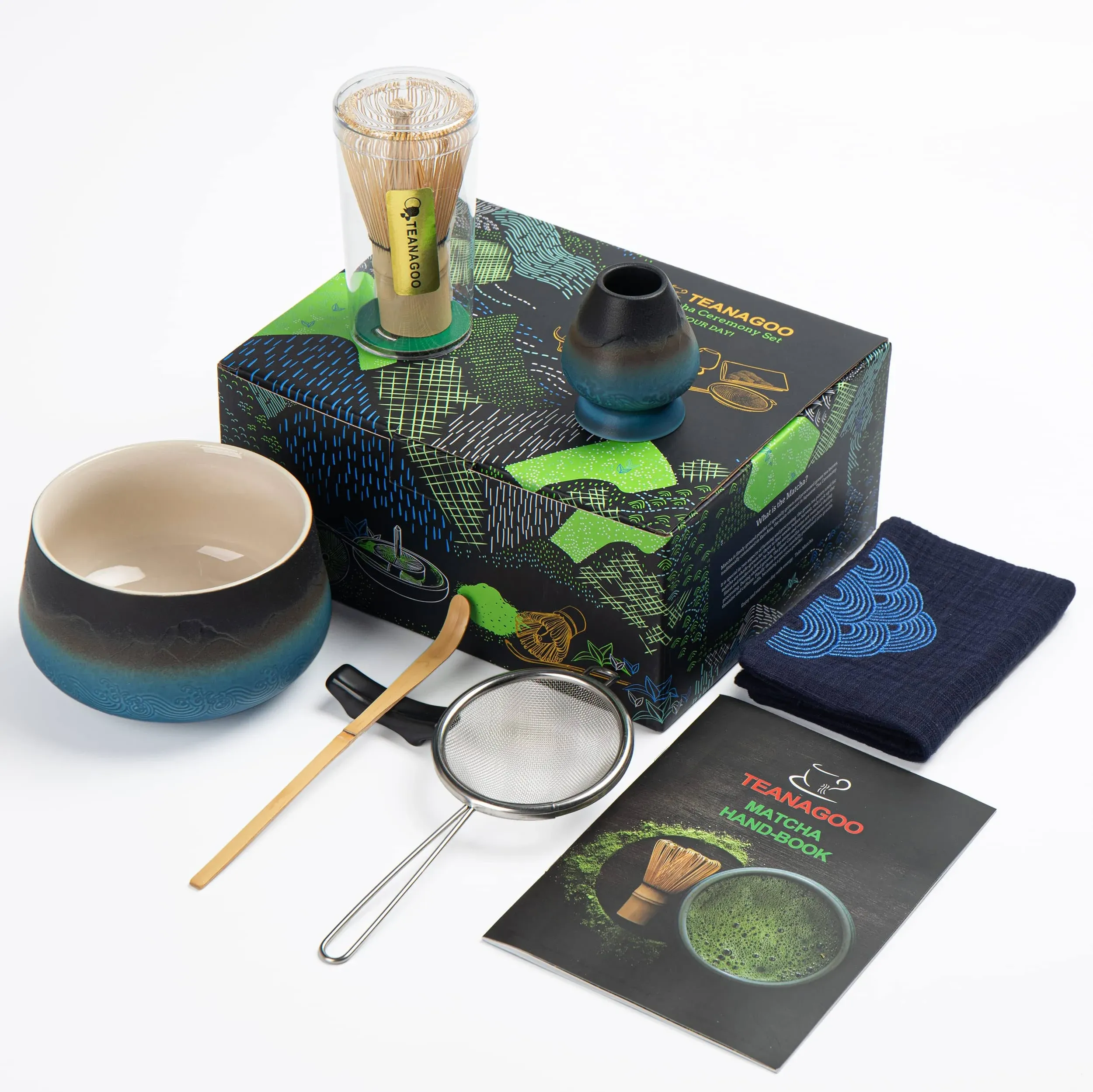 TEANAGOO Japanese Matcha Set (7pcs) Matcha Whisk Mtacha Kit Matcha Bowl Bamboo Matcha Whisk (Chasen) Scoop (chashaku) Whisk Holder. N23, Gradient Navy, Matcha Green Tea Powder