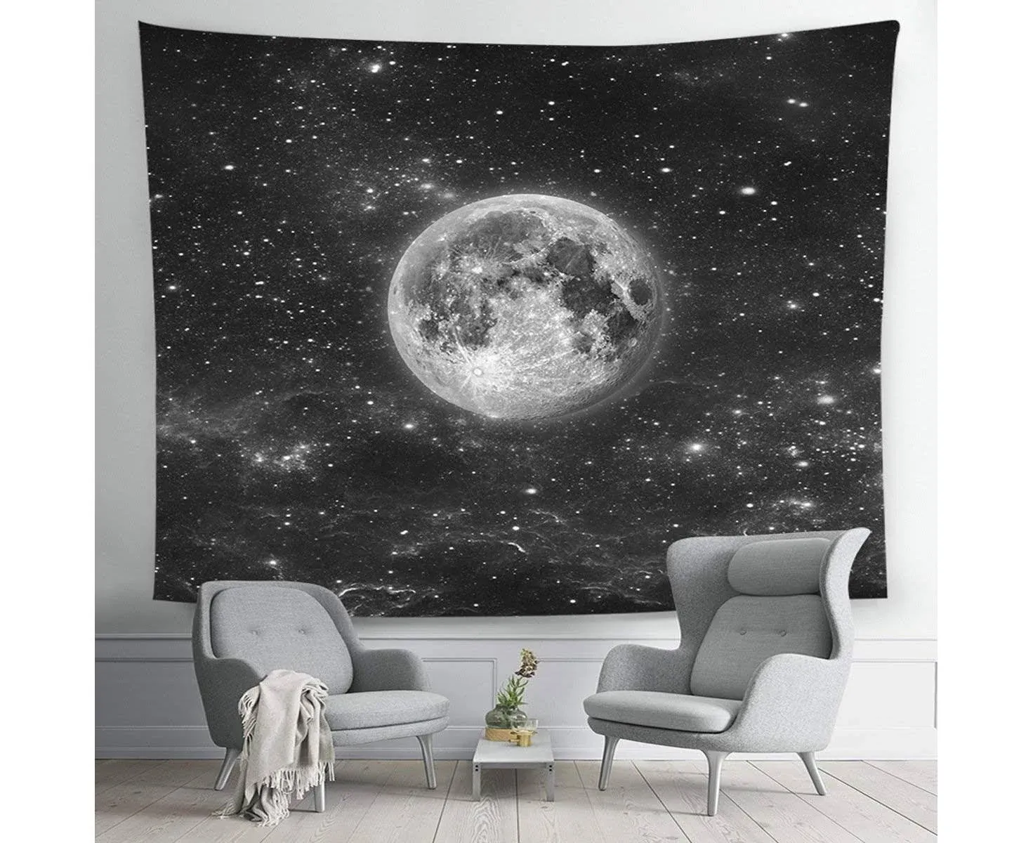 VAKADO Moon Starry Night Tapestry for Bedroom Aesthetic Black and White Tapestry Wall Hanging Space Galaxy Stars Wall Covering Decor Black Light Tapestries for Living Room Dorm 59"X51"