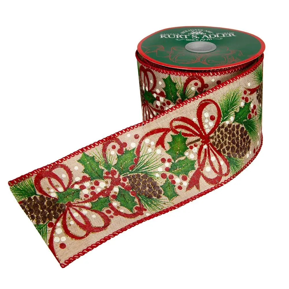 Kurt Adler Red Green Tan Pinecones Double Wire Ribbon 2.5x10 Yards