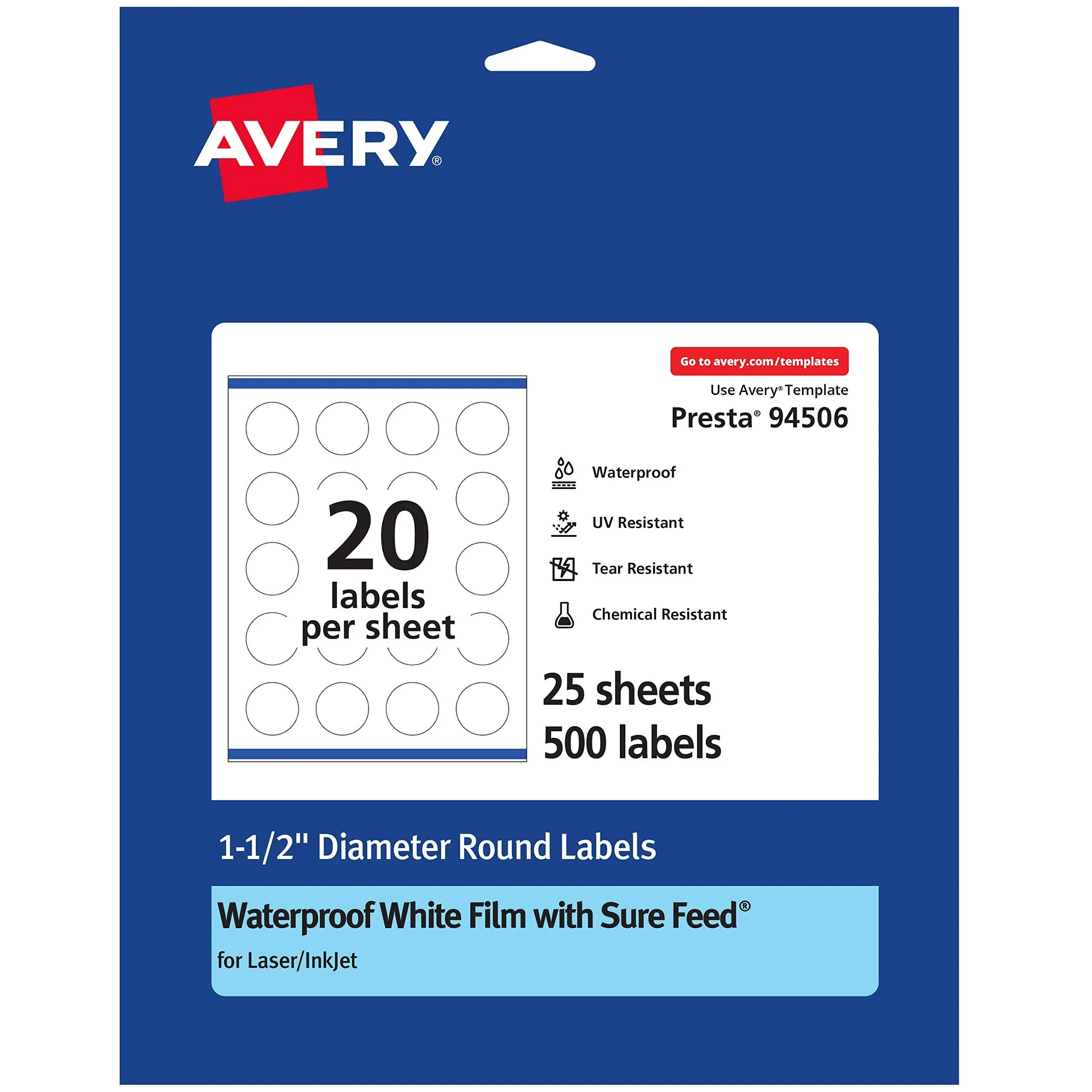 Avery Waterproof Round Labels with Sure Feed, Print to The Edge, 1.5" Diameter ...