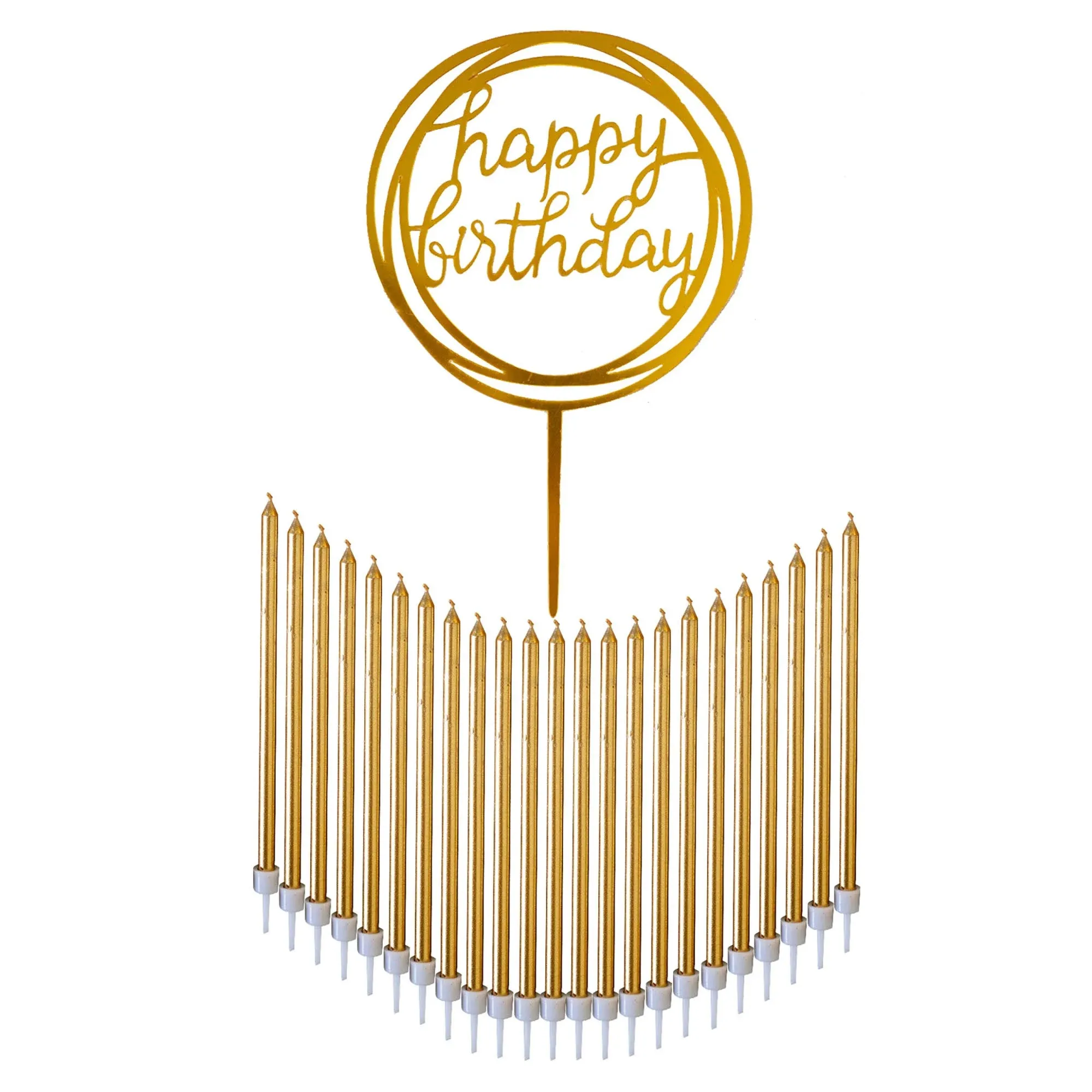 24 Count Tall Thin Metallic Gold Slow Burning Birthday Candles in Holders, and Matching Classy Cake Topper for Special Custom Birthday Cake Cupcake Candle Decorations by Dream VZN