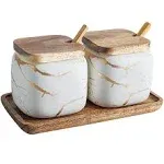 JFFLYIT 2 Sets of Marble Ceramic Sugar Bowl Seasoning Jars L, White 