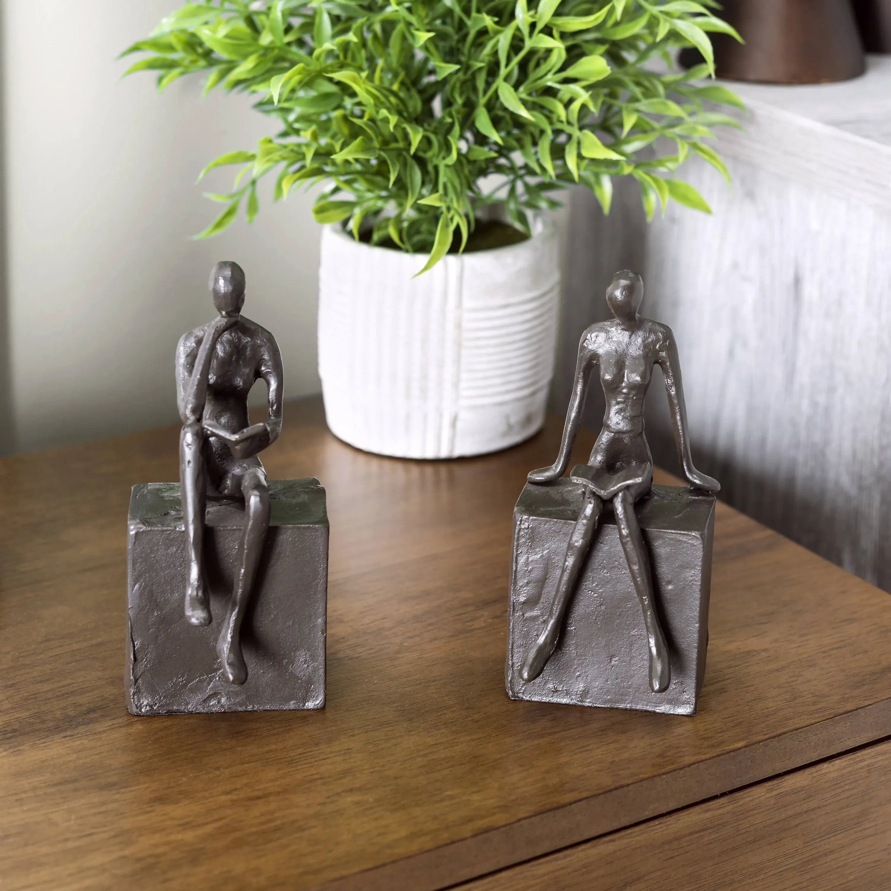 Danya B. Metal Art Shelf Decor - Decorative Cast Iron Bookend Set - Man and Woman Reading on a Block