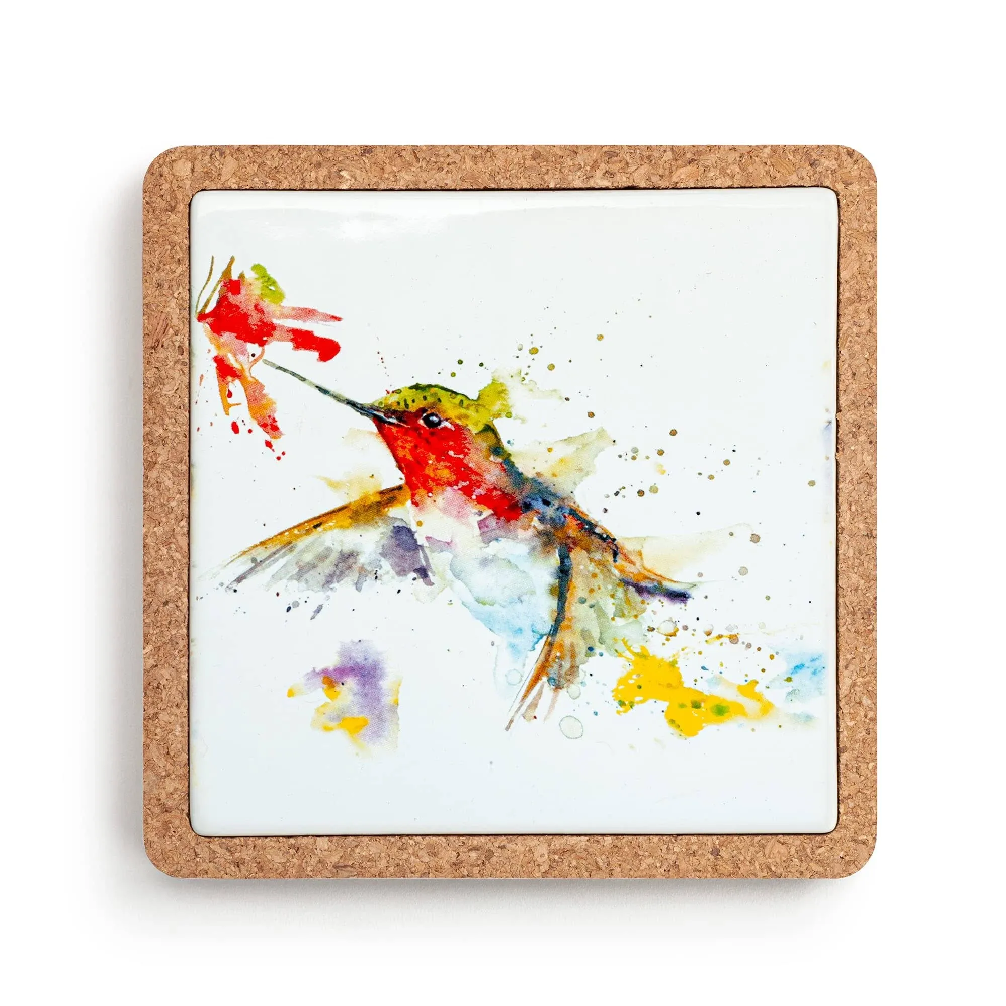 Demdaco Hummingbird and Flower Red 7.5 x 7.5 Ceramic Stoneware Cork Base Trivet