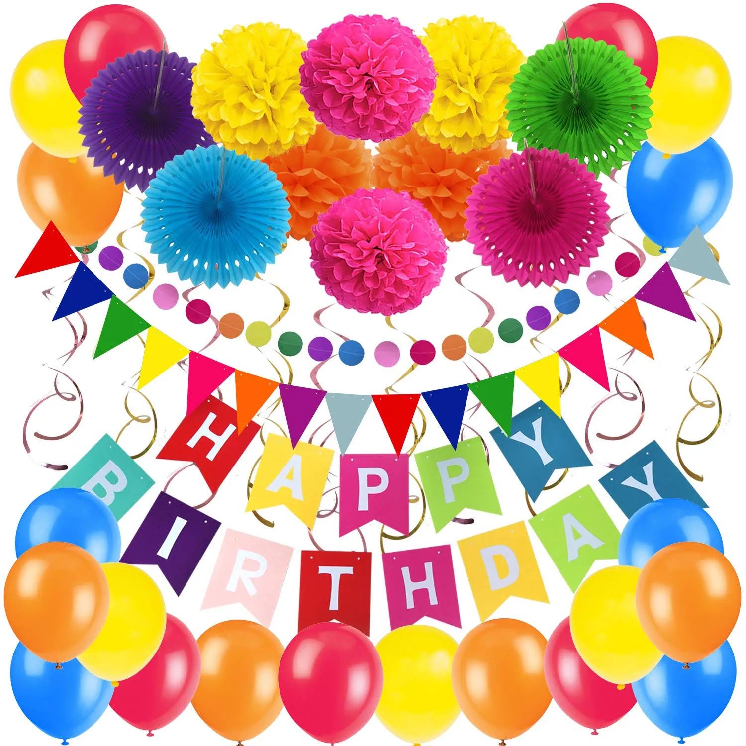 Happy Birthday Decoration Set- Paper Fans, Pom Poms, Banner, Swirls &amp; Balloons