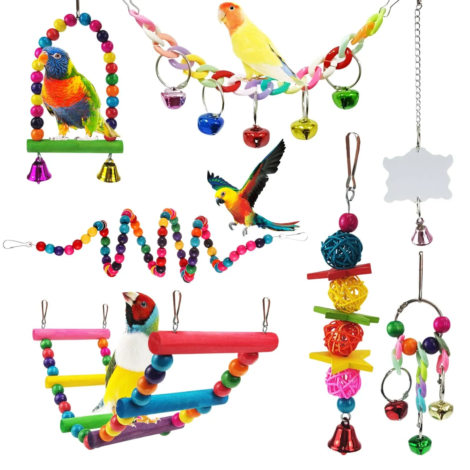 Parakeet Toys,7 Pcs Colorful Bird Toys for Parakeets,Pet Bird Cage Hammock Swing Climbing Ladders Chewing Toy Mirror Hanging Bell Wooden Perch for Budgerigar,Conures, Love Birds,etc