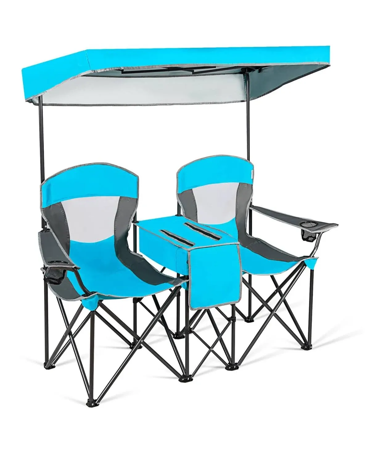 Goplus Portable Folding Camping Canopy Chairs w/ Cup Holder Cooler Outdoor - Blue