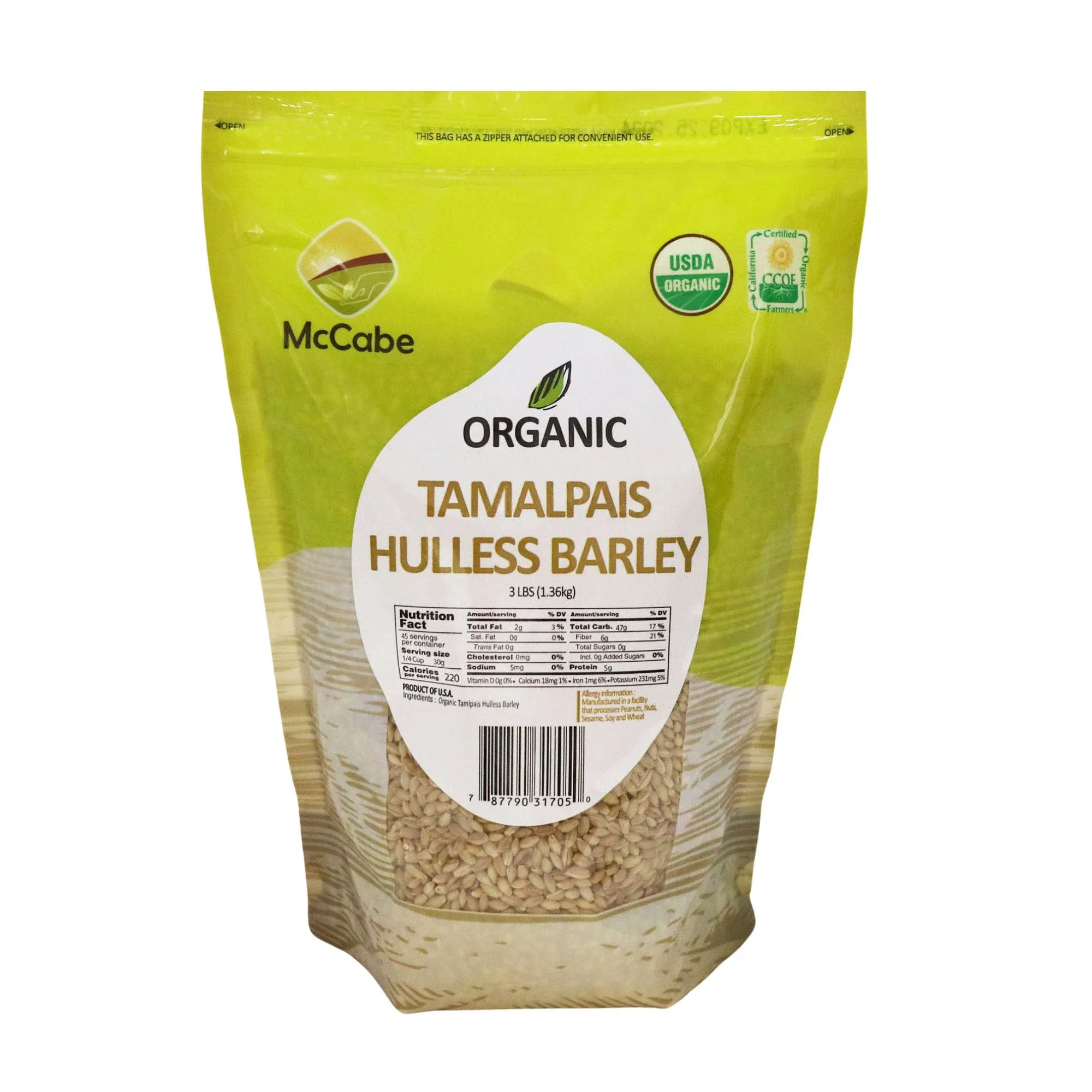 McCabe Organic Tamalpais Hulless Barley - Organic Whole Barley Grain 3Lbs | Rich with Fiber & Minerals | USDA and CCOF Certified | Product of USA