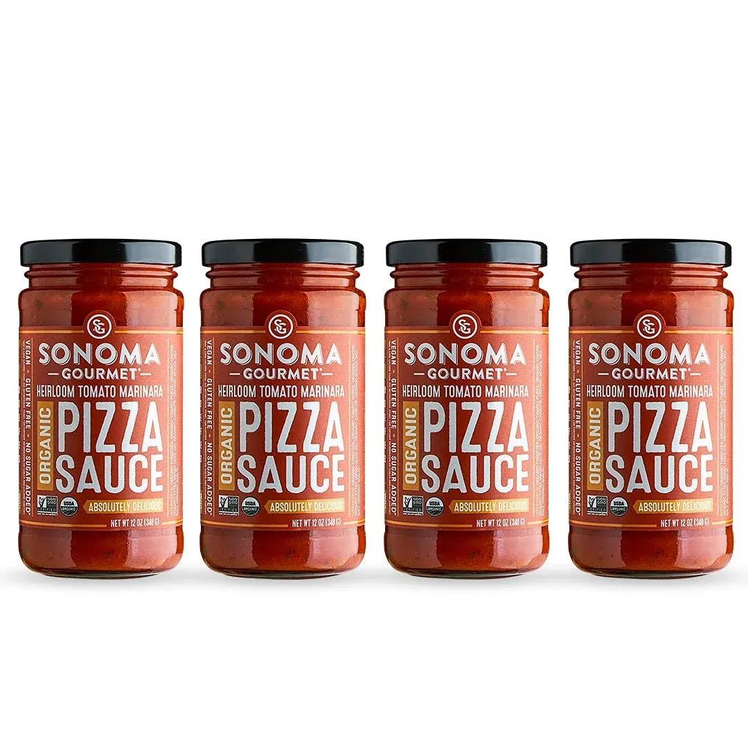 Sonoma Gourmet Organic Pizza Sauce | Made With Fresh Organic Tomatoes & Sweet Basil | Vegan & Gluten-Free | No Sugar Added | 12 Ounce Jars (Pack of 4)