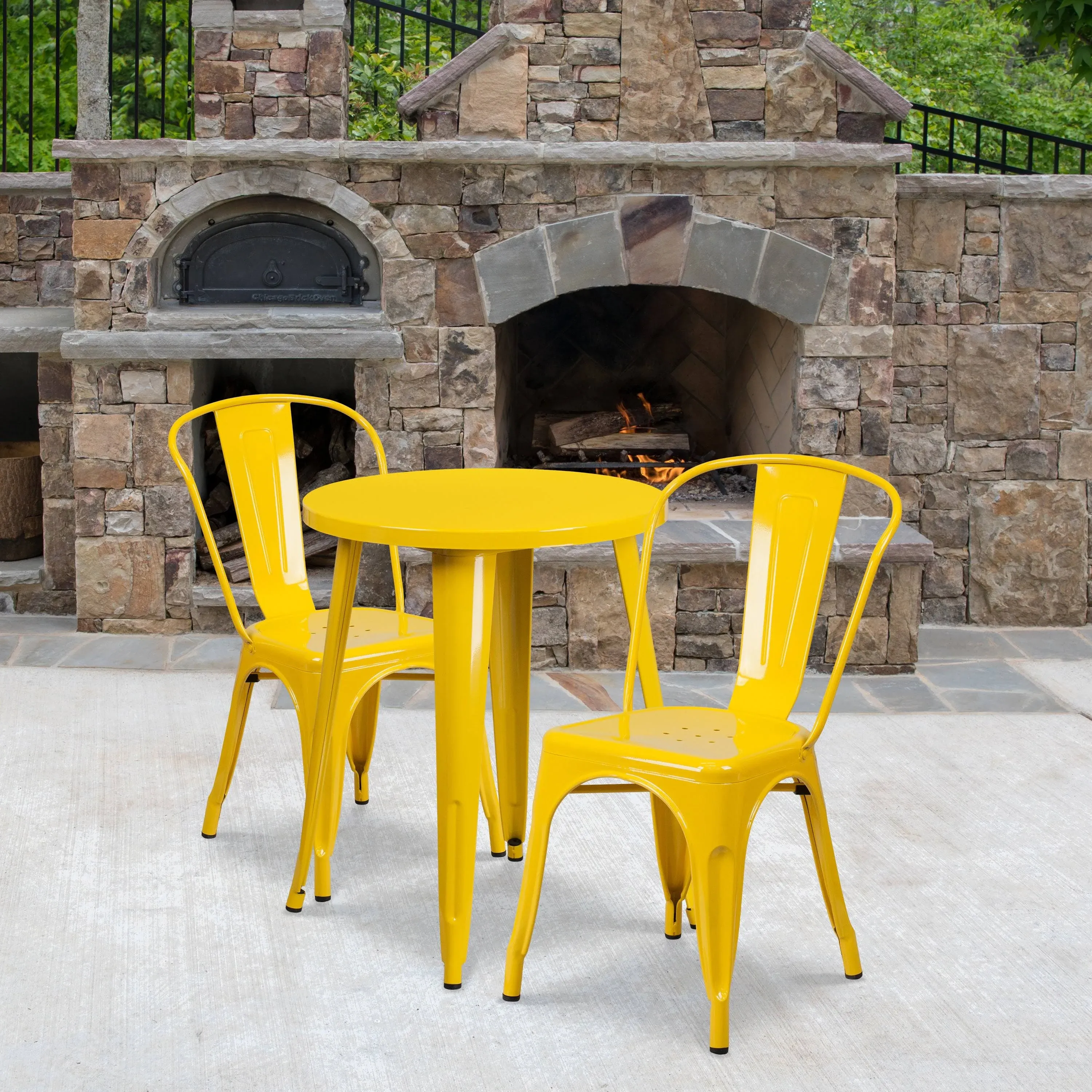 Commercial Grade 24" Round Yellow Metal Indoor-Outdoor Table Set with 2 Cafe Chairs - Flash Furniture CH-51080TH-2-18CAFE-YL-GG