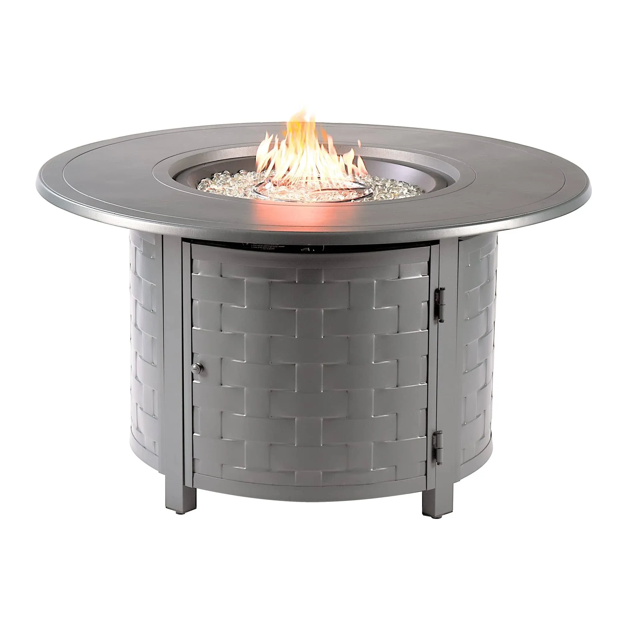 Shop this oakland living round 44 in. x 44 in. aluminum propane fire pit table with glass beads from our top selling Oakland Living fire pit tables.  PatioLiving is your premier online showroom for patio tables and high-end outdoor furniture.