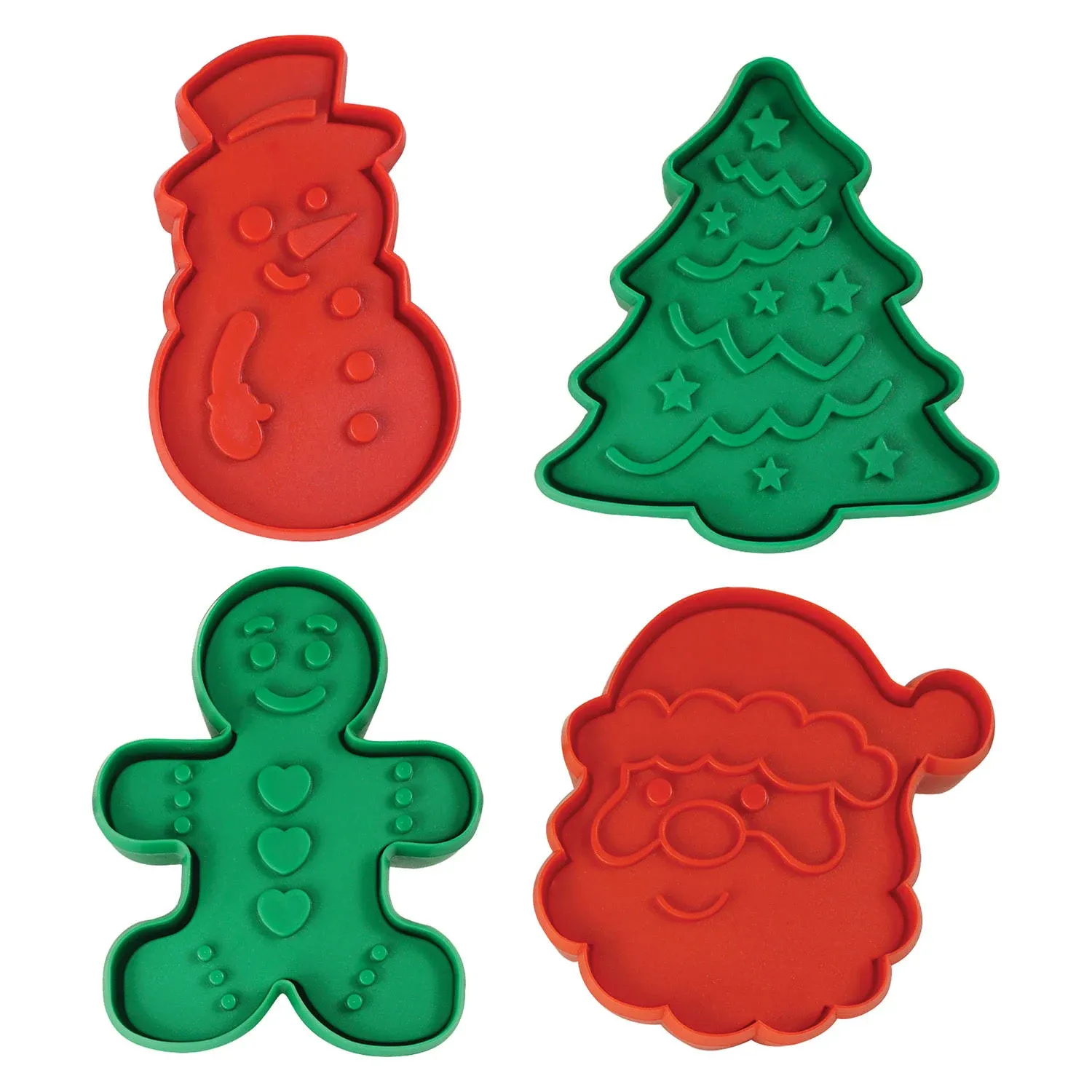 R&M, Christmas Double-Sided Cookie Cutter Stamper Set of 4, Assorted Designs and Sizes, Christmas Tree, Snowman, Santa, Gingerbread Man, Green and Red