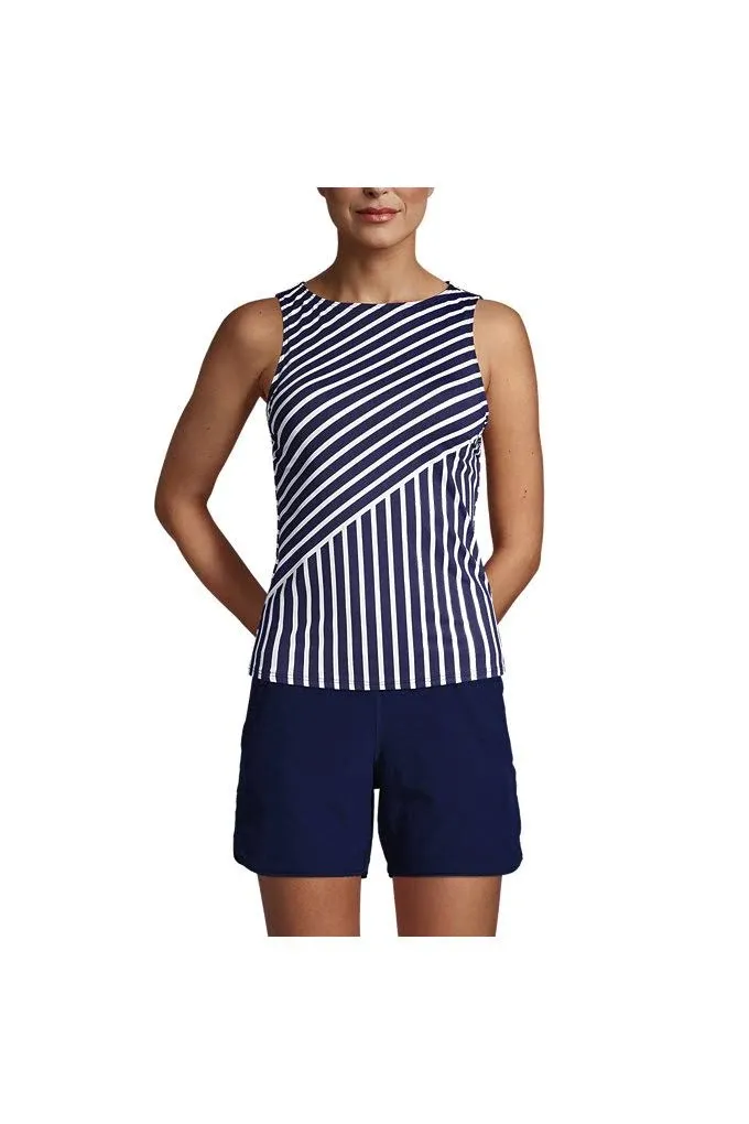 Lands' End Womens Chlorine Resistant High Neck Tankini Top Deep Sea Navy Tie Dye Palm Regular 8