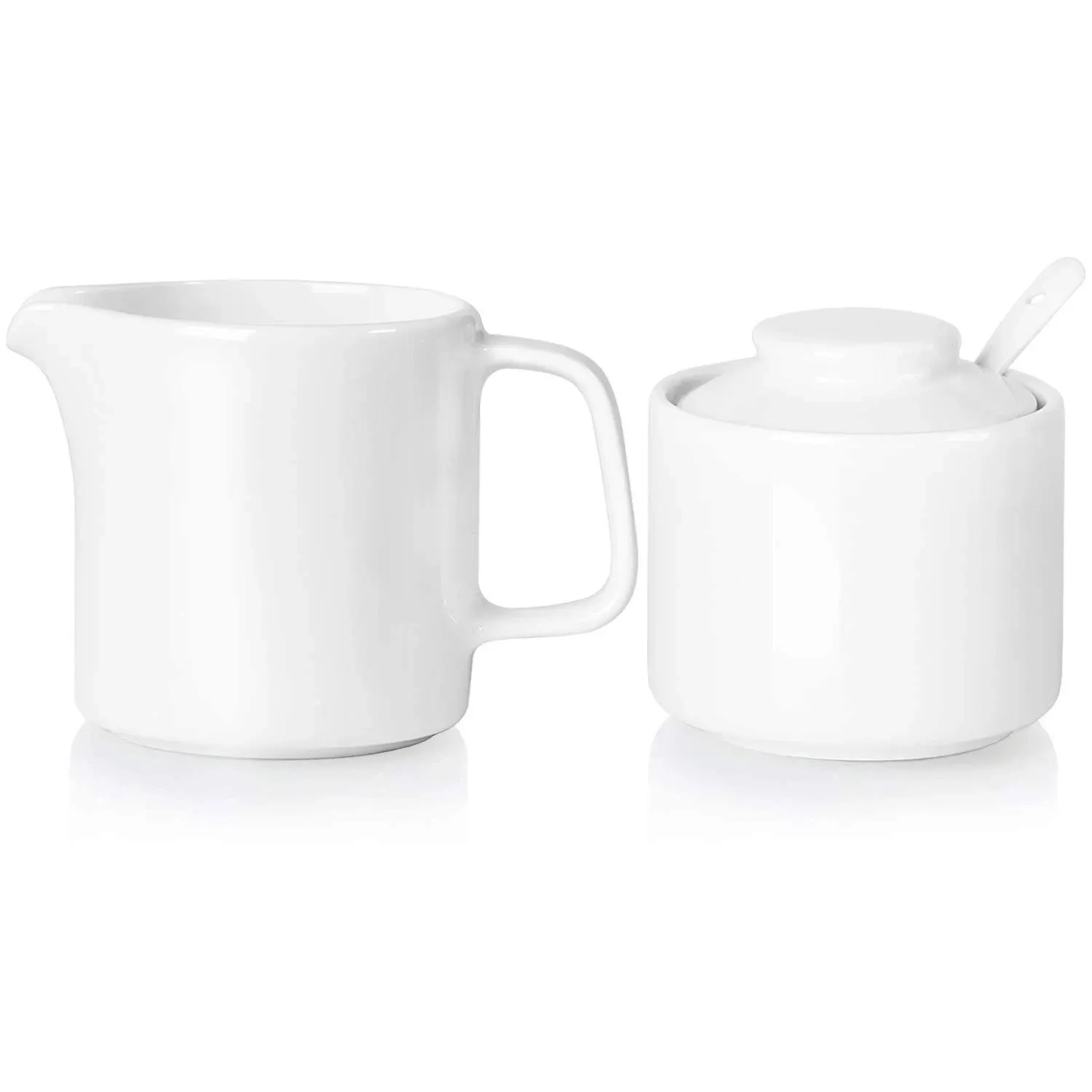 ONTUBE Porcelain Sugar and Creamer Set of 3,Ceramics Cream Pitcher, Sugar Bowl with Lid and Spoon (Bright White)