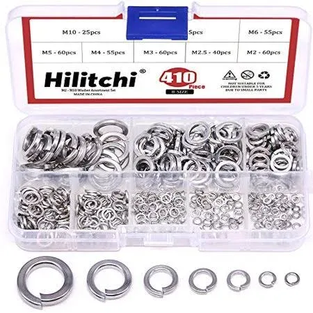 Hilitchi 410-Pcs [8-Size] 304 Stainless Steel Spring Lock Washer Assortment Set ...