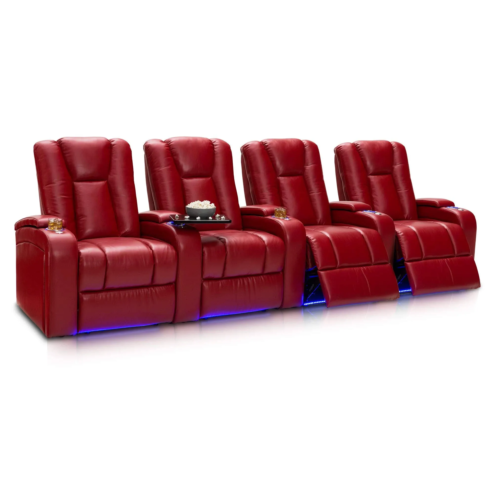 Seatcraft Serenity Leather Home Theater Seating - Living Room - Power Recline - Tray Tables - in-Arm Storage - Ambient Base Lighting and Lighted Cupholders (Row of 4, Red)