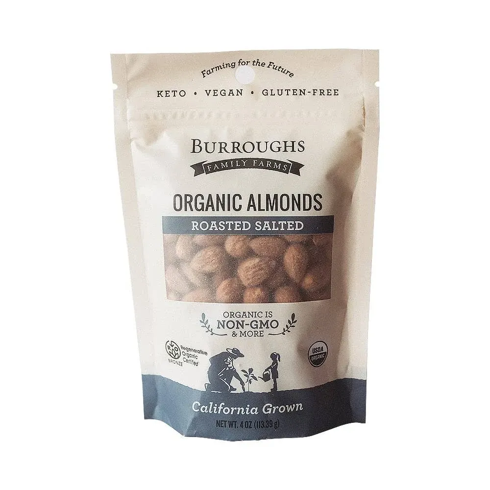 Burroughs Family Farms Delectable Regenerative Organic Roasted Salted Almonds | Gluten-Free, Non-GMO Paleo Keto Almonds Bursting with Healthy Nutrients | High in Protein and Nutrient Density Compared to other Almonds | 4 oz (Pack of 1)