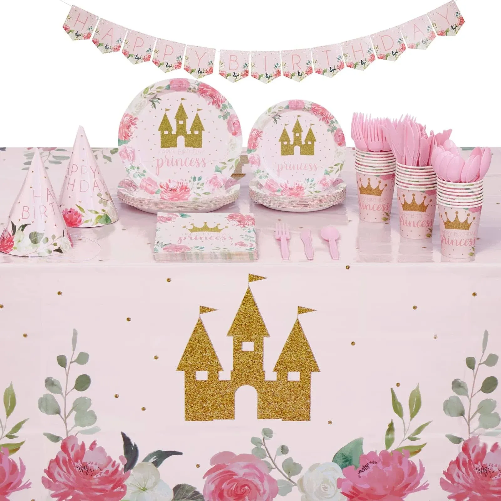 BLUE PANDA 194-Piece Princess Birthday Party Decorations - Pink Dinnerware Set with Princess Plates for Birthday Party, Napkins, Cups, Tablecloth, Cutlery, Banner, and Hats (Serves 24)