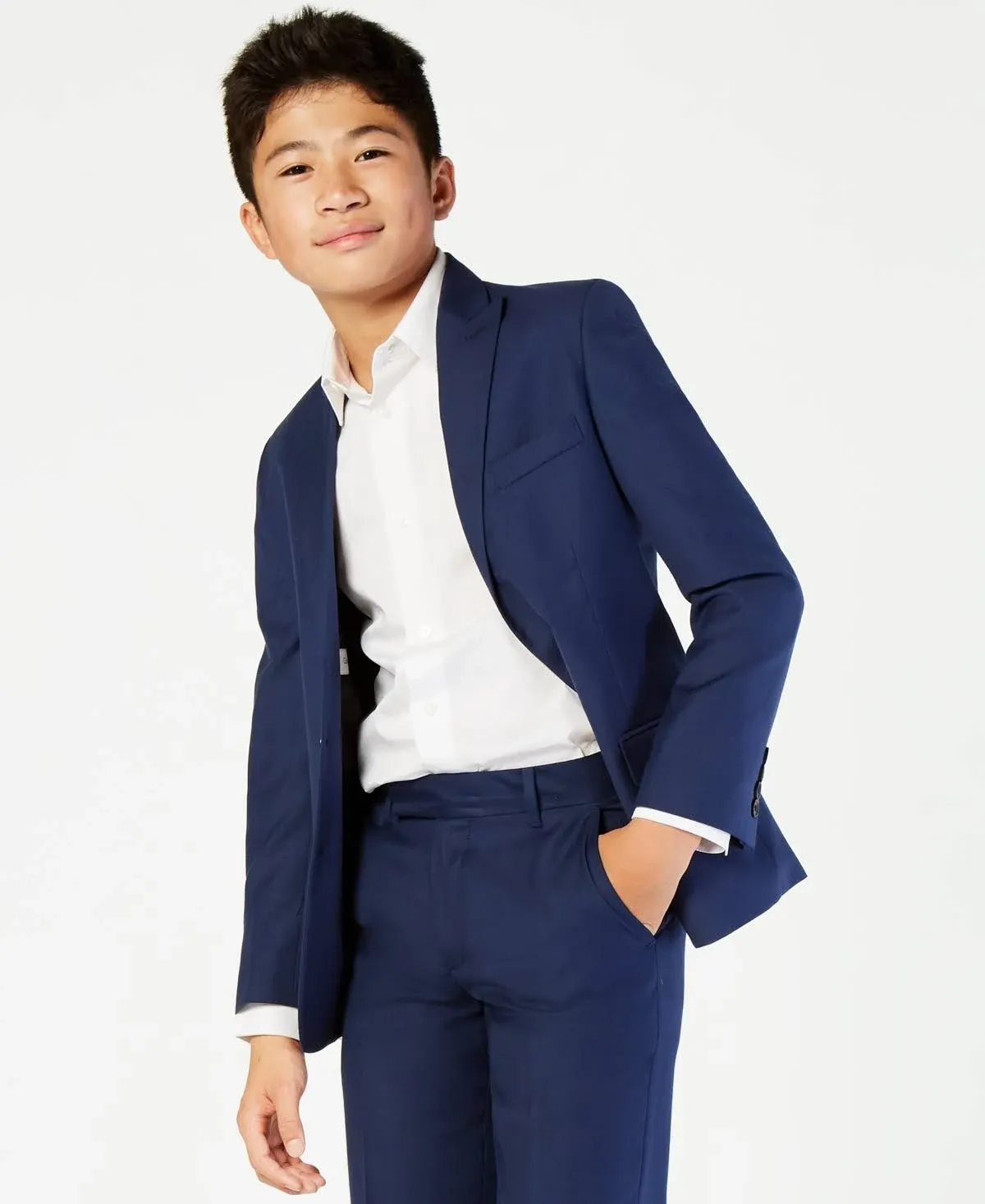 Calvin Klein Boys' Bi-Stretch Blazer Suit Jacket, 2-Button Single Breasted Closure, Buttoned Cuffs & Front Flap Pockets