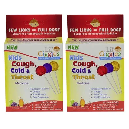 Lil Giggles Kid's Cough, Cold & Throat Medicated Lollipops Variety Pack - for Children’s Persistent Cough, Cold and Sore Throat. Homeopathic Remedy. The Medicine Kid’s Will Love to take. 12 CT