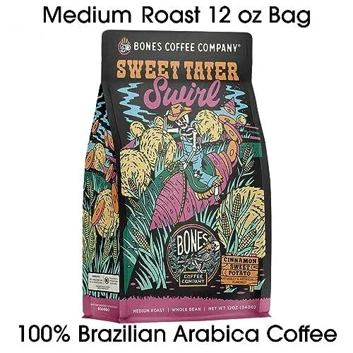 Bones Coffee Company Sweet Tater Swirl Whole Coffee Beans Cinnamon Sweet Potato Flavor, Low Acid Flavored Coffee Made with Arabica Coffee Beans, Medium Roast Coffee, Coffee Lover Gift Ideas (12 oz)