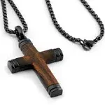 Metal Masters Co. Wooden Cross Necklace Pendant Black 24" Stainless Steel Chain Real Santos Wood