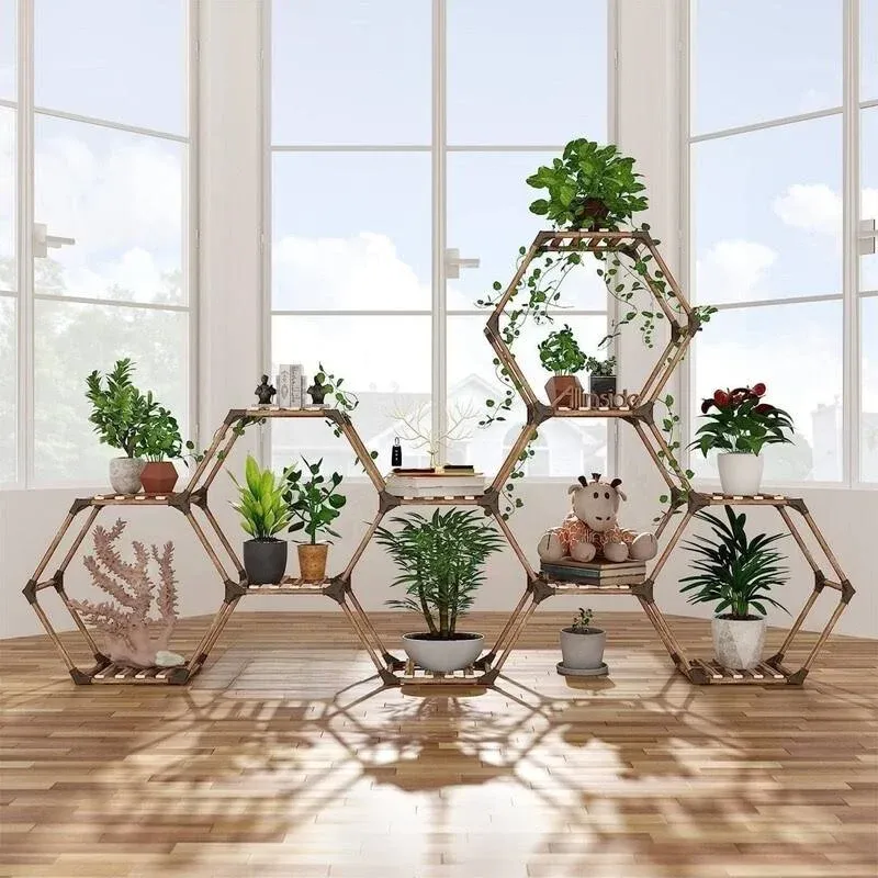 Allinside Hexagonal Plant Stand Indoor, Wood Outdoor Plant Shelf for Plants, 11 Potted Ladder Plant Holder Transformable Plant Pot Stand for Corner Window Garden Balcony Living Room - 11 Tiers