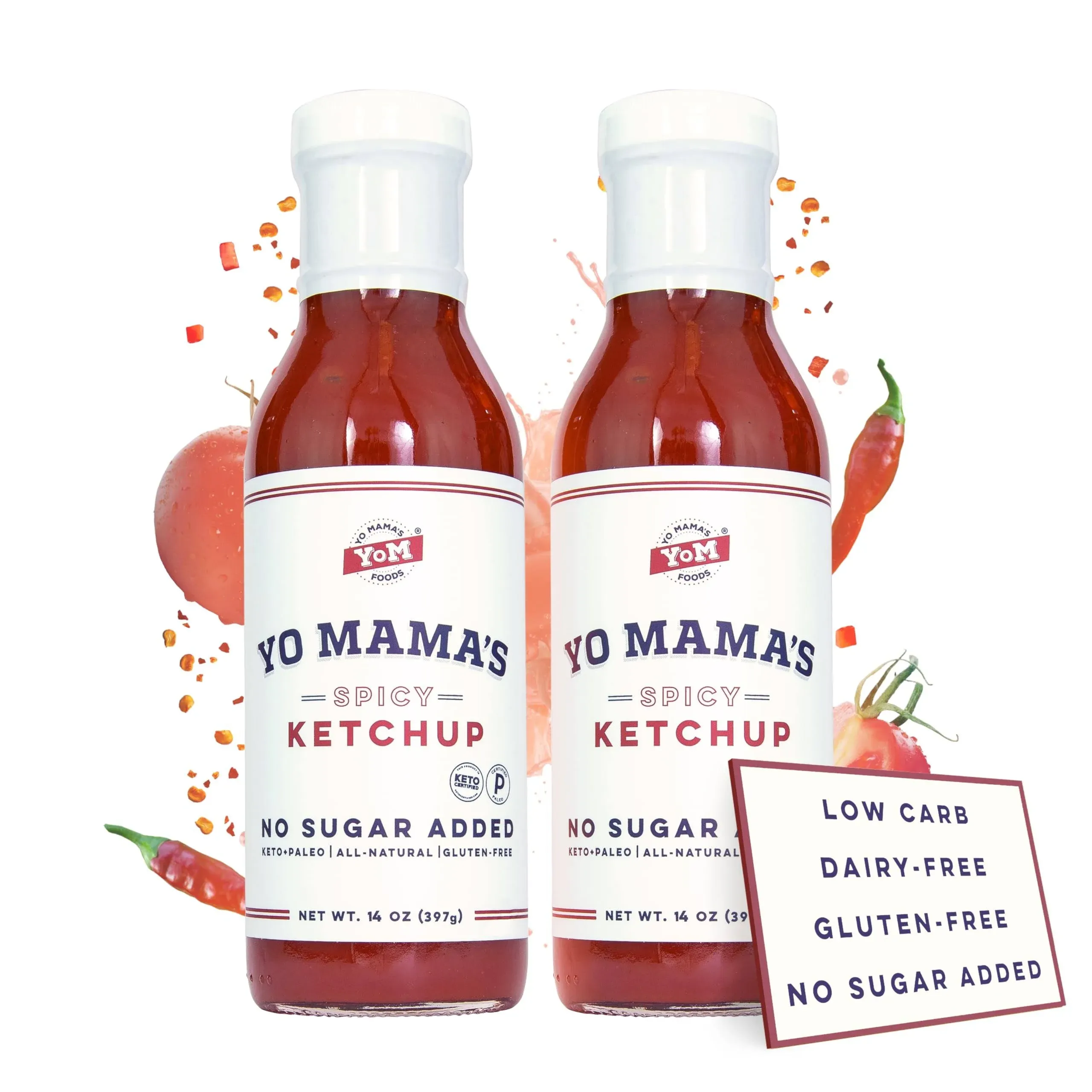 Yo Mama's Foods Keto Spicy Ketchup – Pack of (2) - No Sugar Added, Low Carb, Vegan, Gluten Free, Paleo Friendly, and Made with Whole Non-GMO