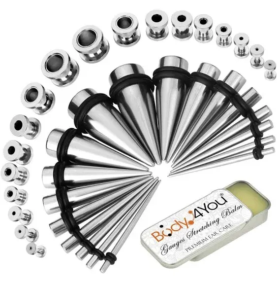 BodyJ4You 37pc Ear Stretching Kit - 14G-00G Beginner Gauges - Aftercare Balm Wax ...