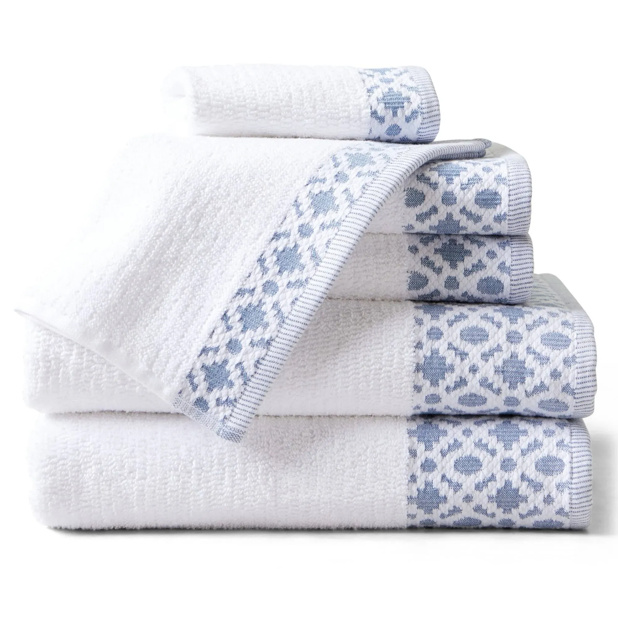 100% Turkish Cotton Luxury Towel Set | Super Soft and Highly Absorbent | Textured Dobby Border | 550 GSM | 2 Bath Towels, 2 Hand Towels, & 2 Washcloths | Nitra Collection (White / Denim Blue)