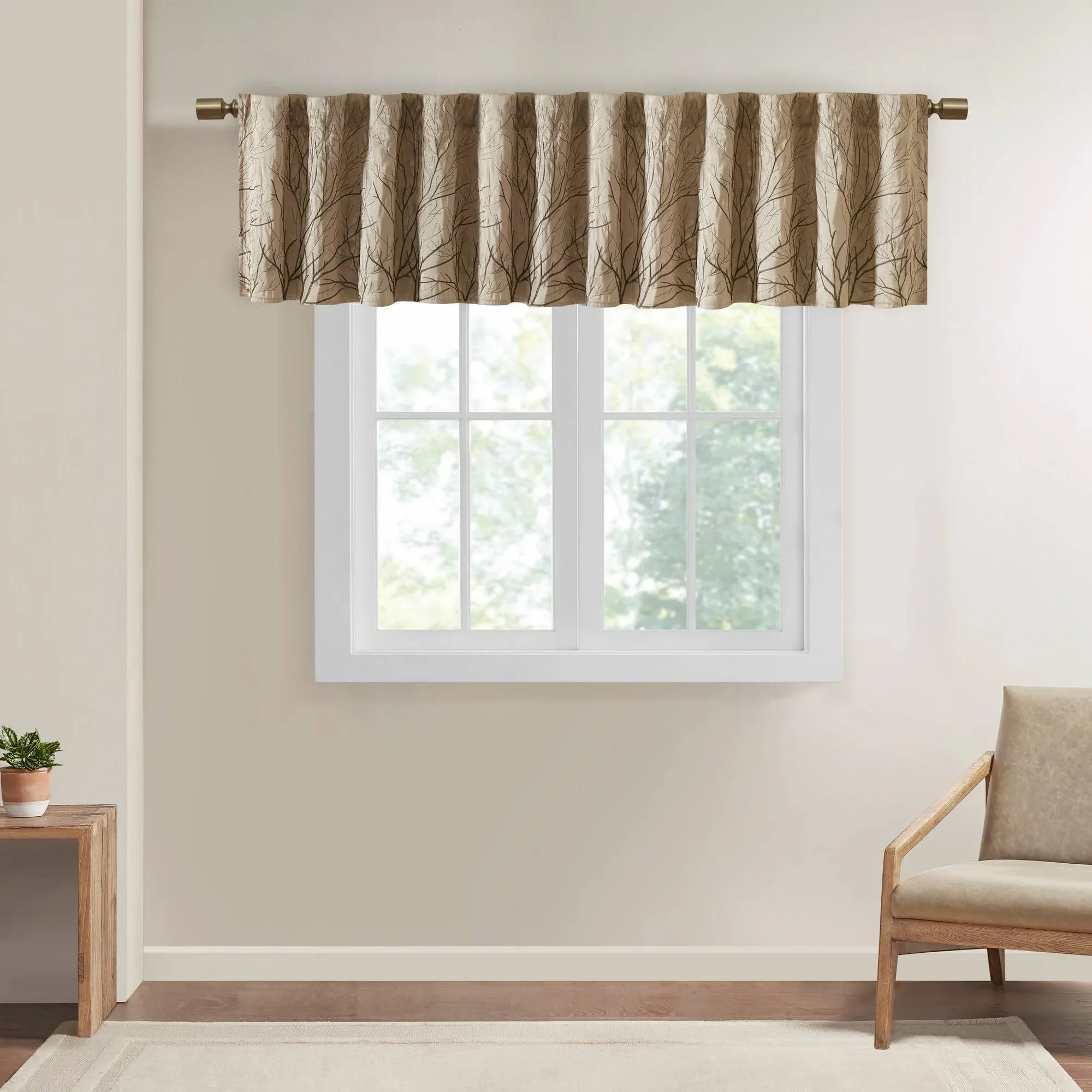 Madison Park Andora Faux Silk Embroidered Window Valance, Tan